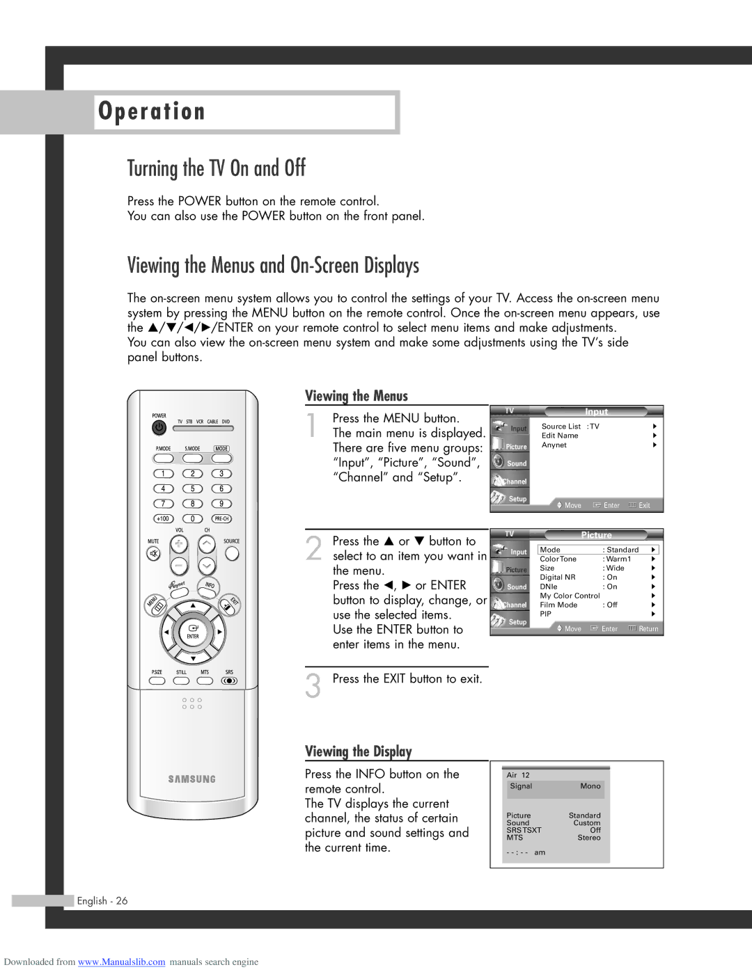 Samsung SP-61L3HR, SP-50L3HR manual Turning the TV On and Off, Viewing the Menus and On-Screen Displays, Viewing the Display 