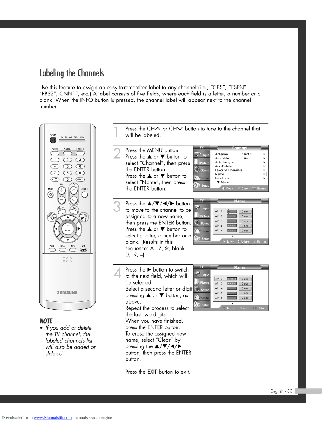 Samsung SP-50L3HR, SP-56L3HR, SP-61L3HR manual Labeling the Channels 