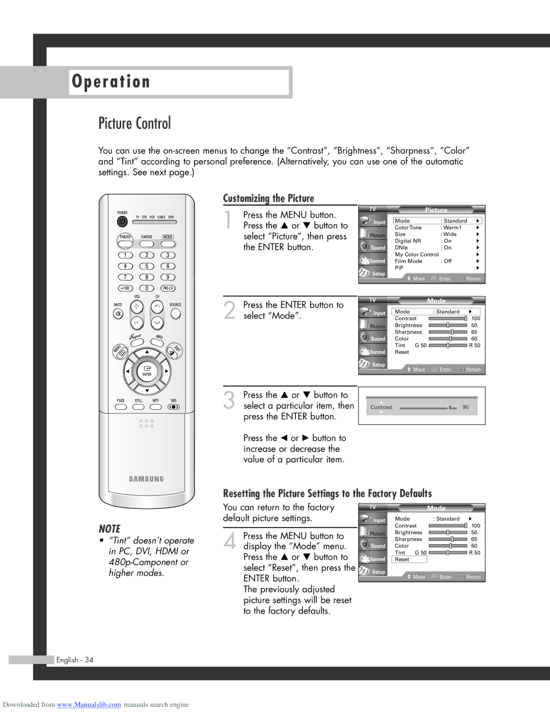 Samsung SP-56L3HR manual Picture Control, Customizing the Picture, Resetting the Picture Settings to the Factory Defaults 