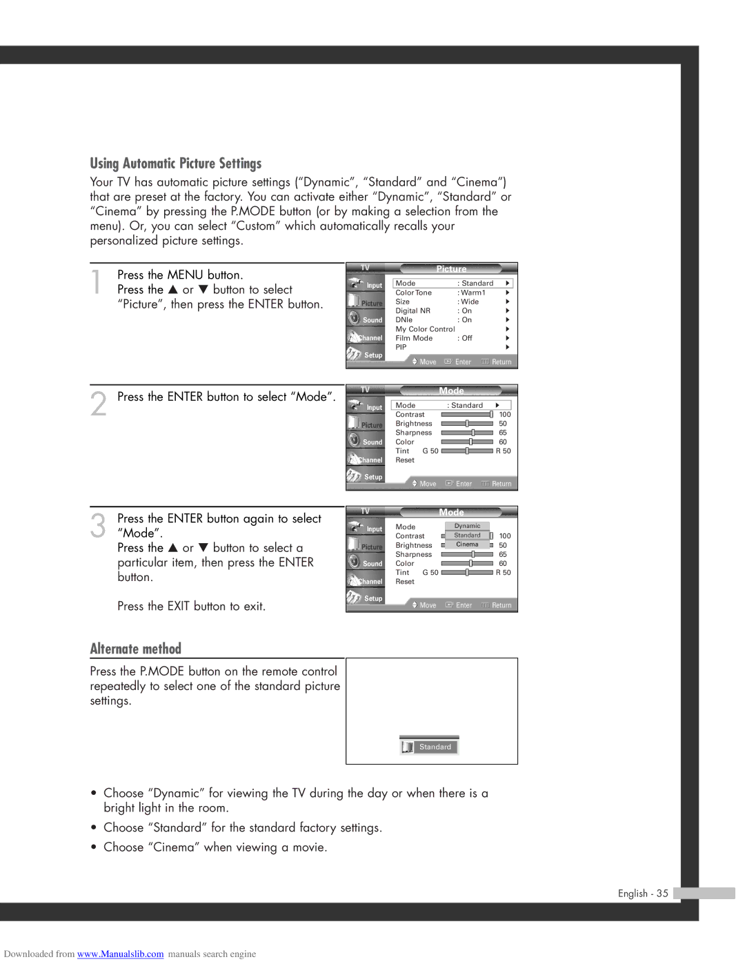 Samsung SP-61L3HR, SP-50L3HR, SP-56L3HR manual Using Automatic Picture Settings, Alternate method 