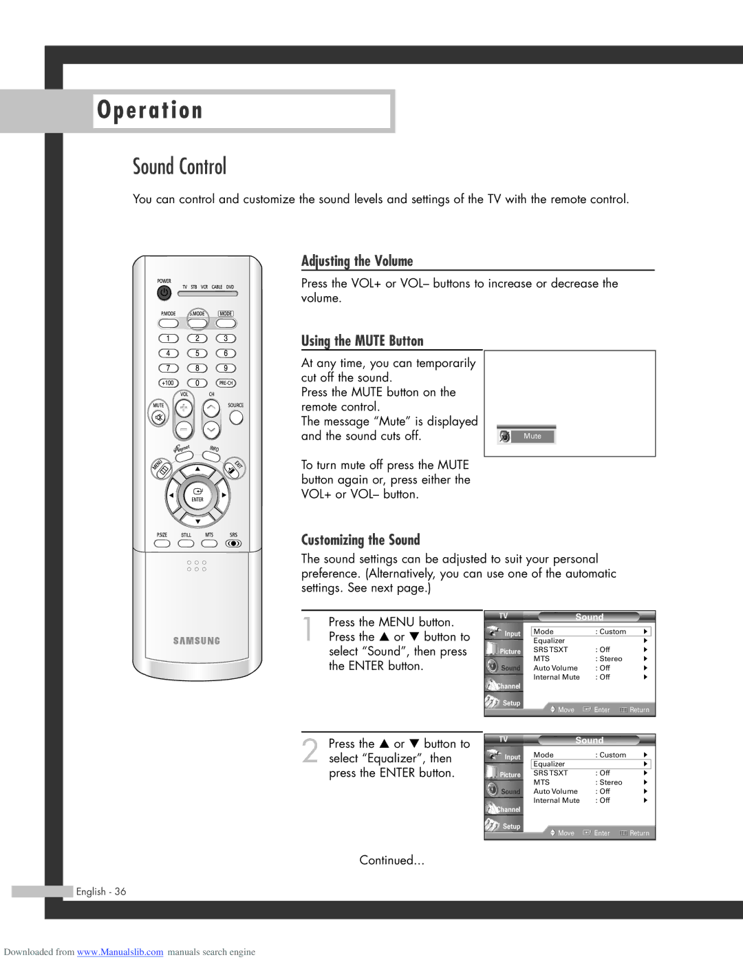 Samsung SP-50L3HR, SP-56L3HR, SP-61L3HR Sound Control, Adjusting the Volume, Using the Mute Button, Customizing the Sound 