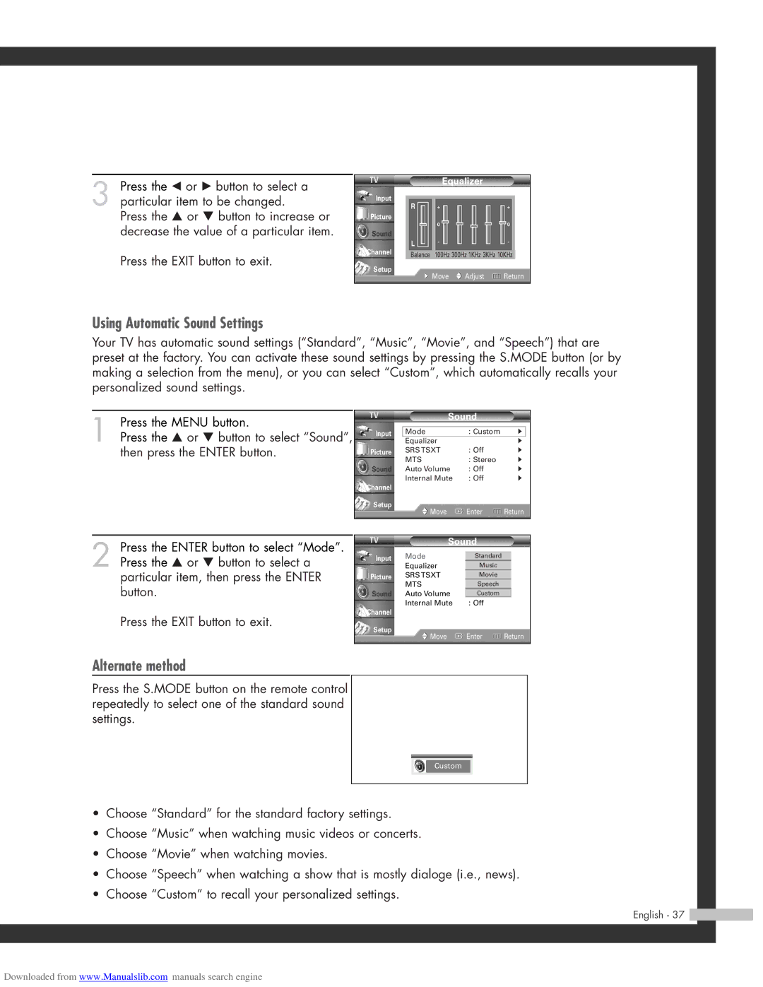 Samsung SP-56L3HR, SP-50L3HR, SP-61L3HR manual Using Automatic Sound Settings 