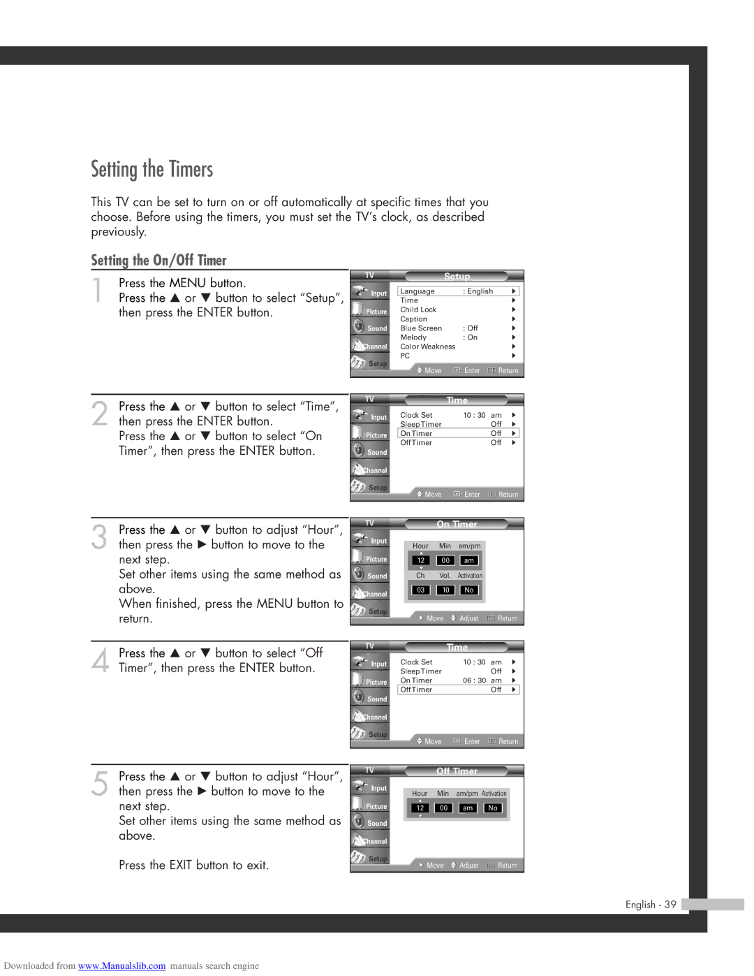 Samsung SP-50L3HR, SP-56L3HR, SP-61L3HR manual Setting the Timers, Setting the On/Off Timer 