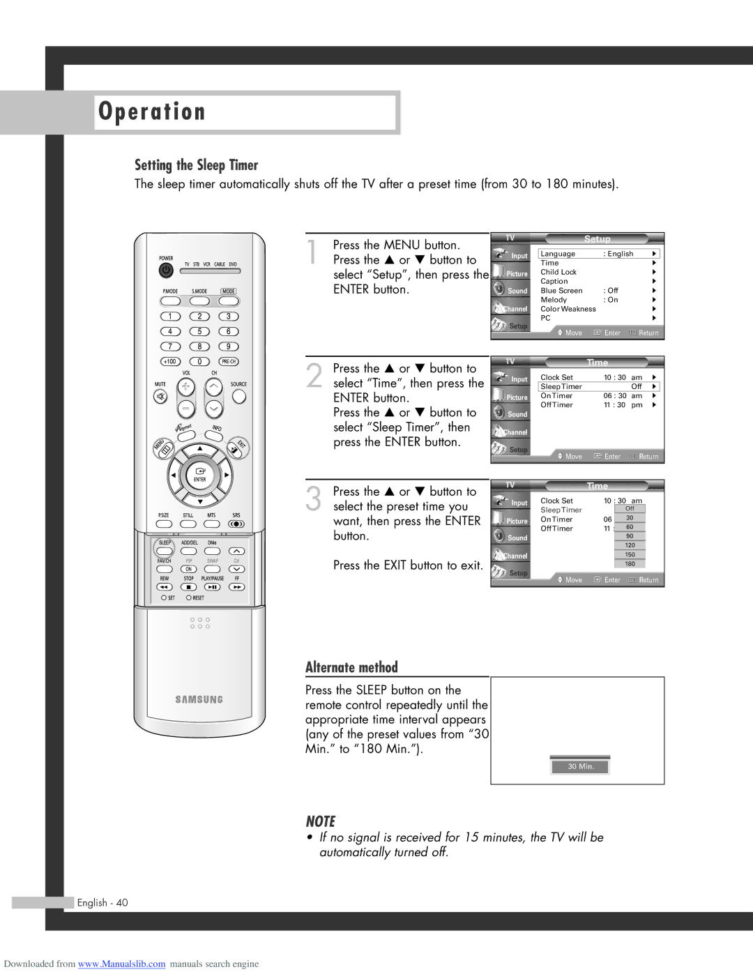 Samsung SP-56L3HR, SP-50L3HR, SP-61L3HR manual Setting the Sleep Timer, Alternate method 