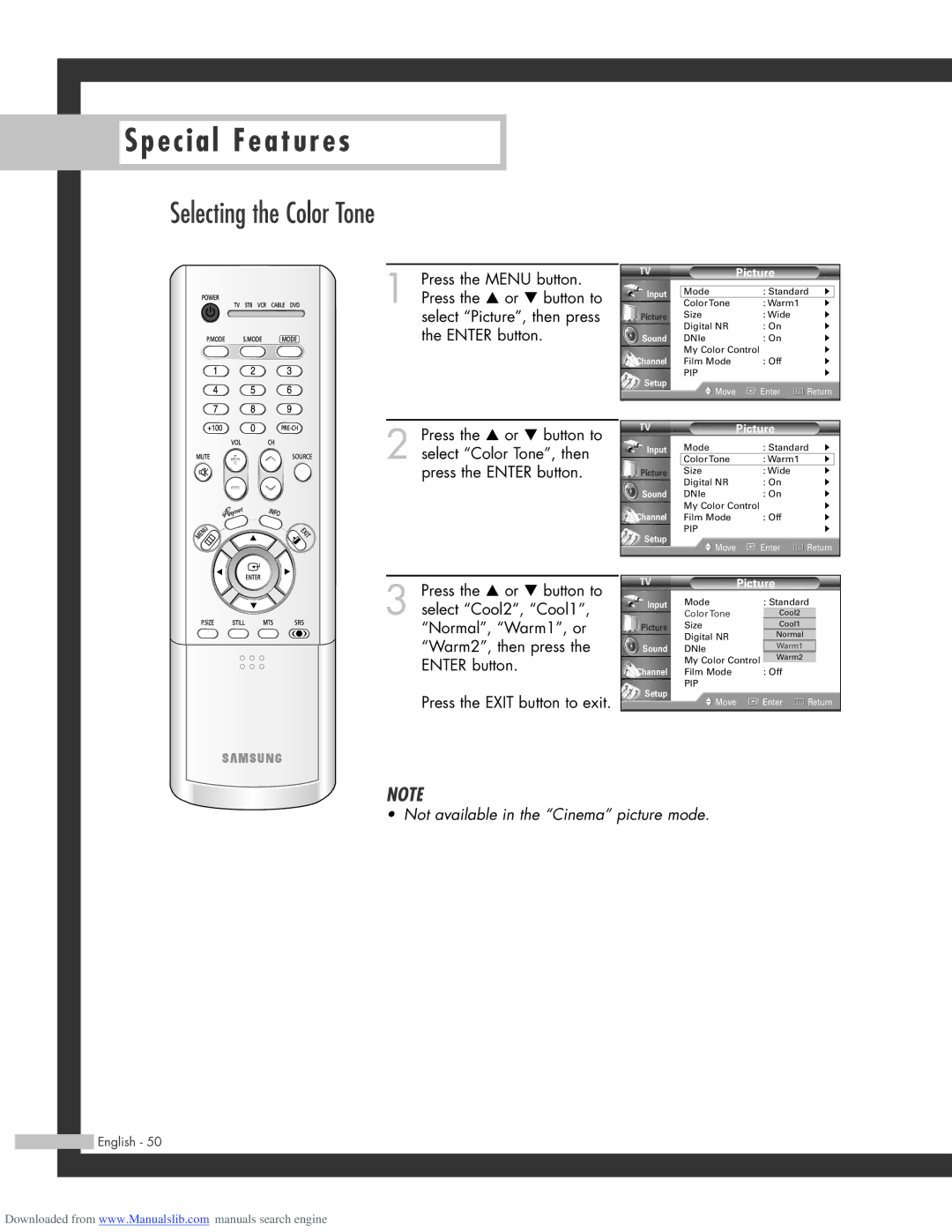 Samsung SP-61L3HR, SP-50L3HR, SP-56L3HR manual Selecting the Color Tone 