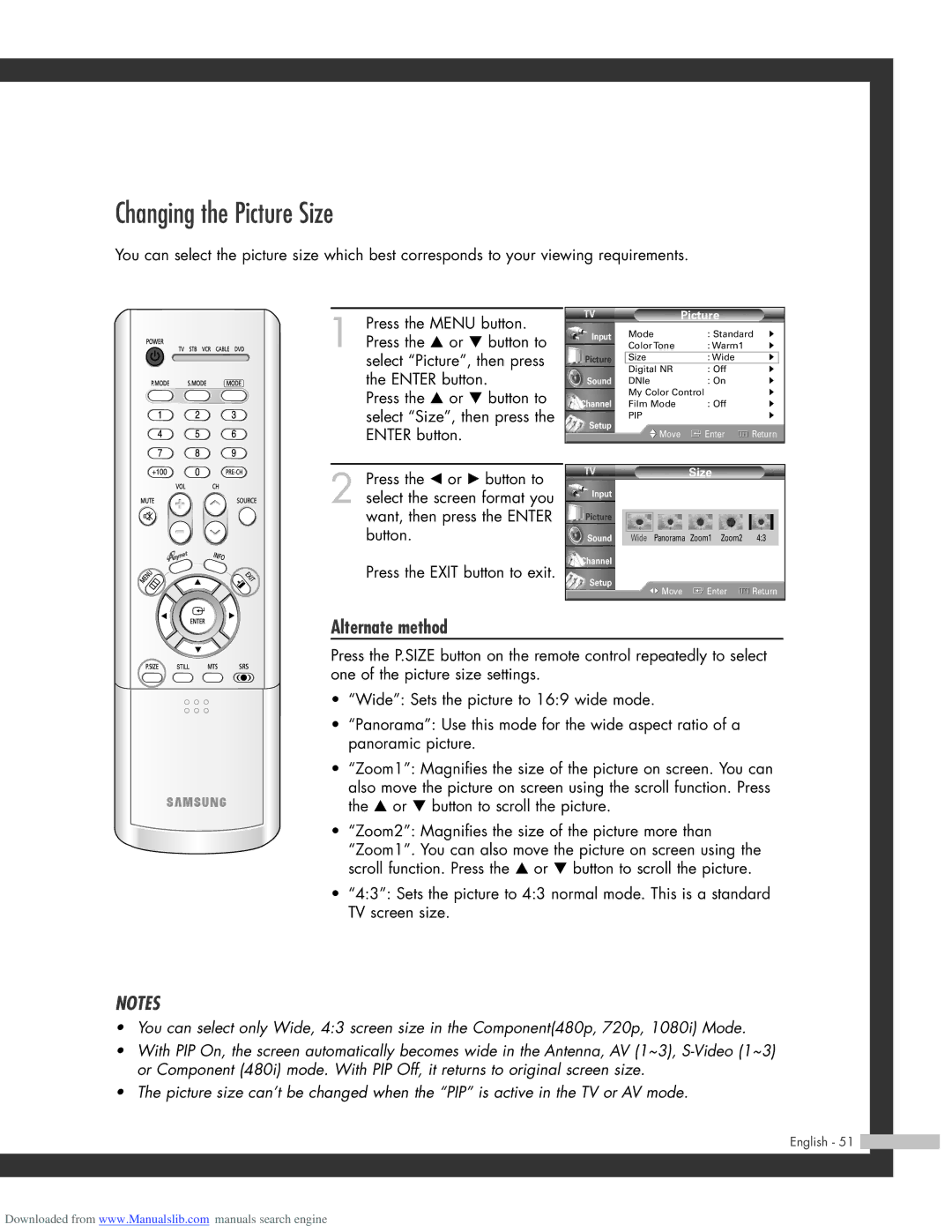 Samsung SP-50L3HR, SP-56L3HR, SP-61L3HR manual Changing the Picture Size, Alternate method 