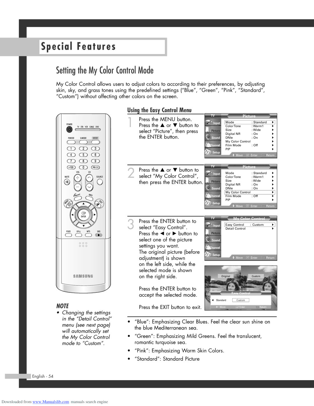 Samsung SP-50L3HR, SP-56L3HR, SP-61L3HR manual Setting the My Color Control Mode, Using the Easy Control Menu 