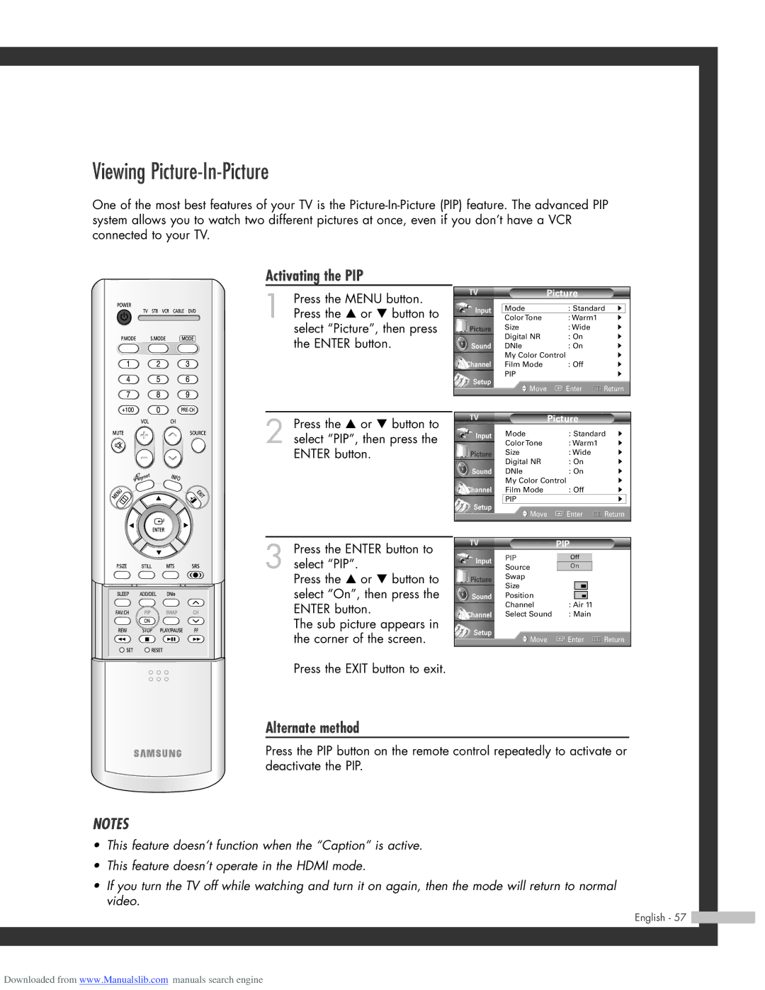 Samsung SP-50L3HR, SP-56L3HR, SP-61L3HR manual Viewing Picture-In-Picture, Activating the PIP 