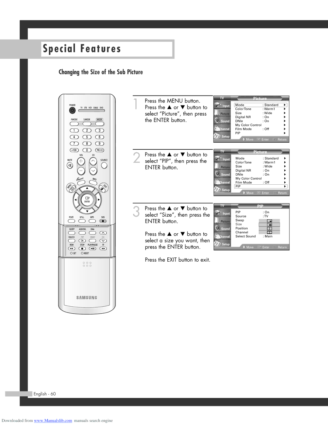 Samsung SP-50L3HR, SP-56L3HR, SP-61L3HR manual Changing the Size of the Sub Picture 