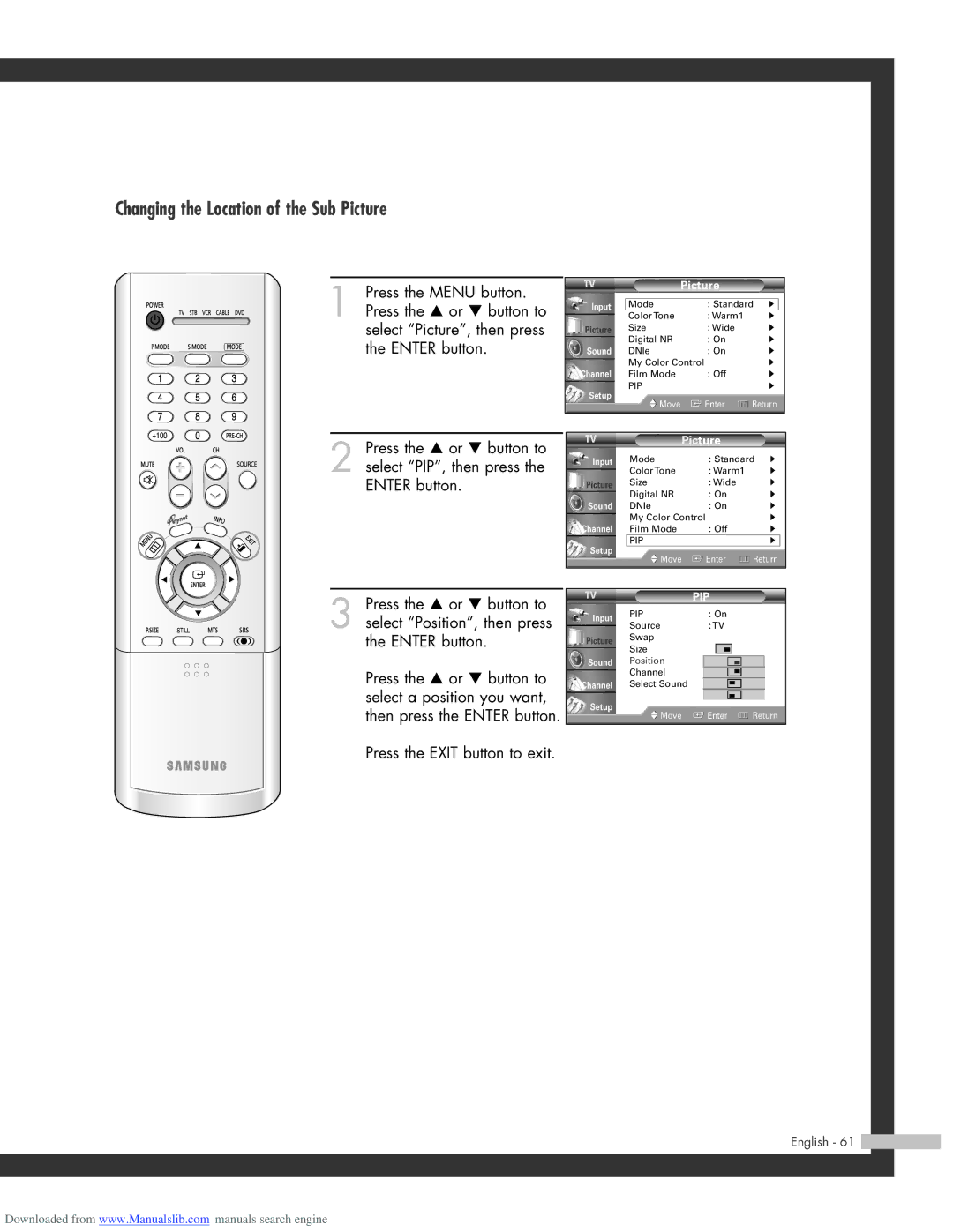 Samsung SP-56L3HR, SP-50L3HR, SP-61L3HR manual Changing the Location of the Sub Picture 