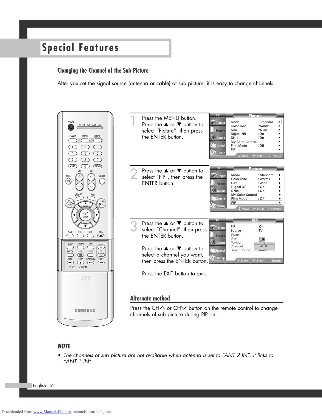 Samsung SP-61L3HR, SP-50L3HR, SP-56L3HR manual Changing the Channel of the Sub Picture, Alternate method 