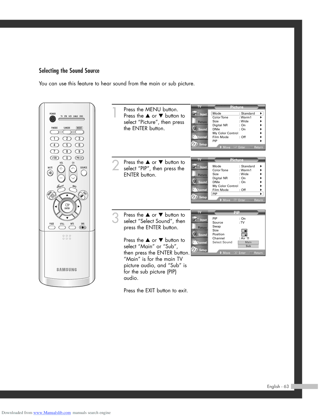 Samsung SP-50L3HR, SP-56L3HR, SP-61L3HR manual Selecting the Sound Source 