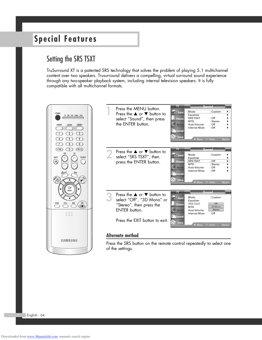 Samsung SP-56L3HR, SP-50L3HR, SP-61L3HR manual Setting the SRS Tsxt 