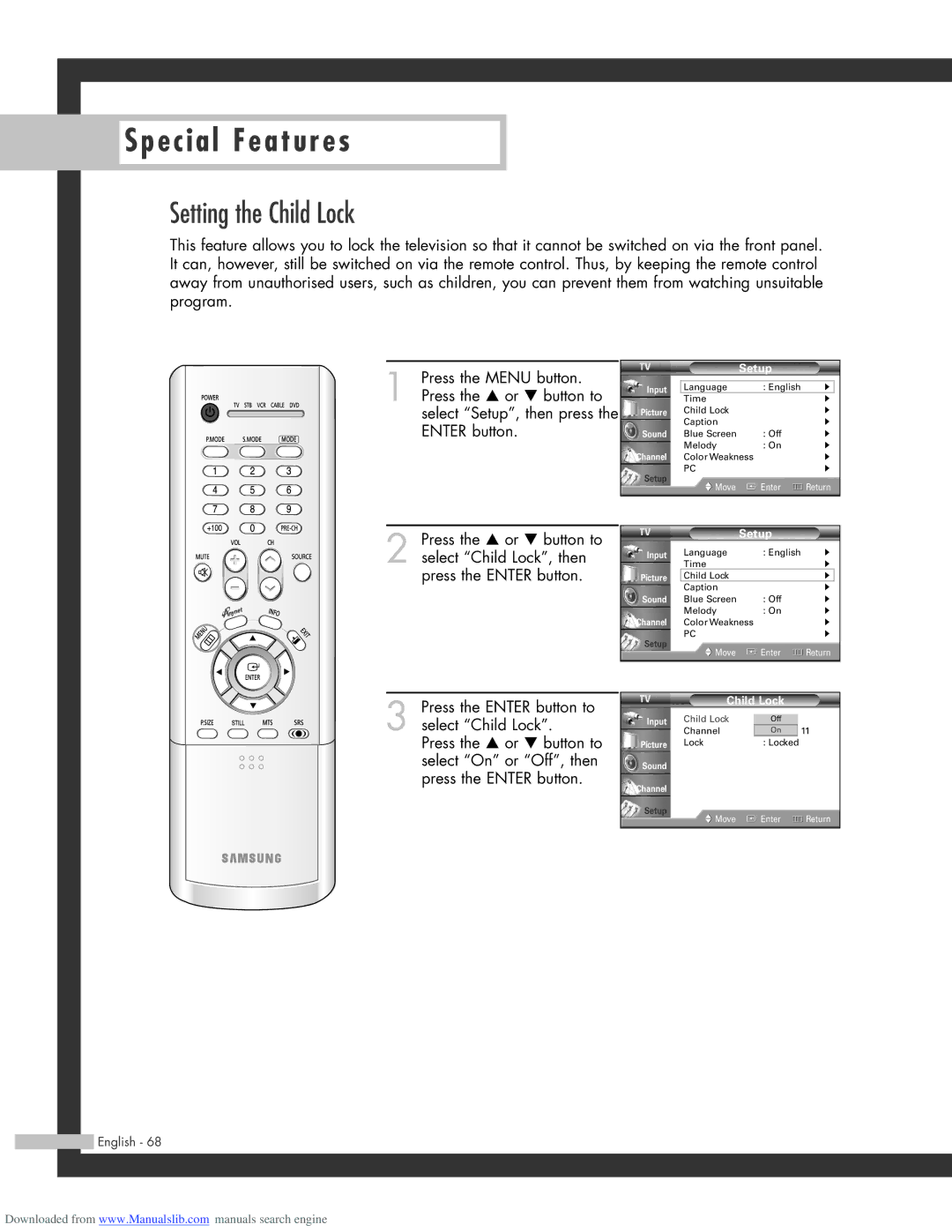 Samsung SP-61L3HR, SP-50L3HR, SP-56L3HR manual Setting the Child Lock 