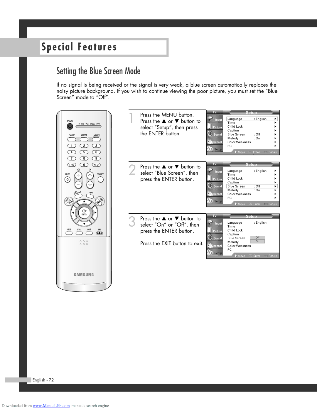 Samsung SP-50L3HR, SP-56L3HR, SP-61L3HR manual Setting the Blue Screen Mode 