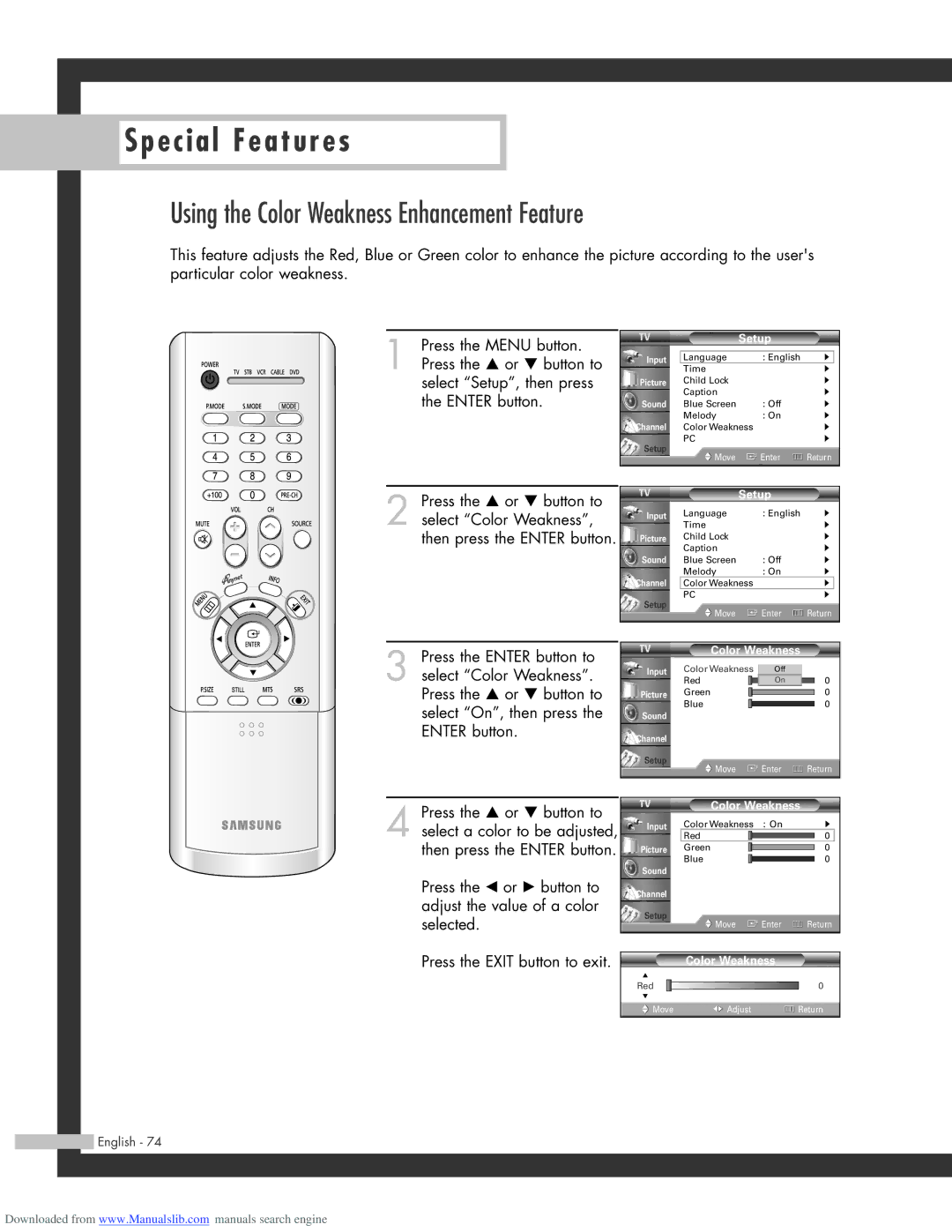 Samsung SP-61L3HR, SP-50L3HR, SP-56L3HR manual Using the Color Weakness Enhancement Feature 