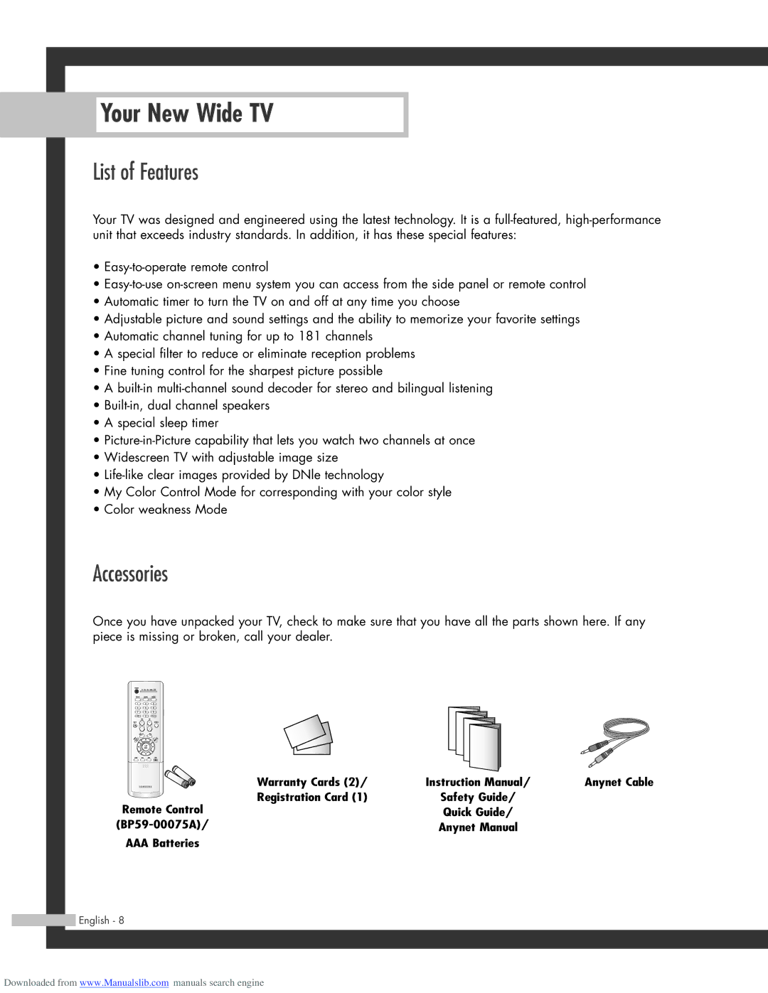 Samsung SP-61L3HR, SP-50L3HR, SP-56L3HR manual List of Features, Accessories 