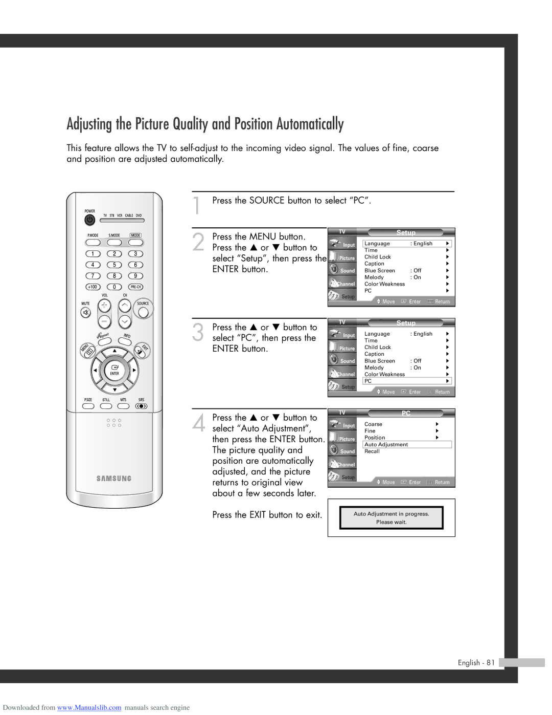 Samsung SP-50L3HR, SP-56L3HR, SP-61L3HR manual Adjusting the Picture Quality and Position Automatically 