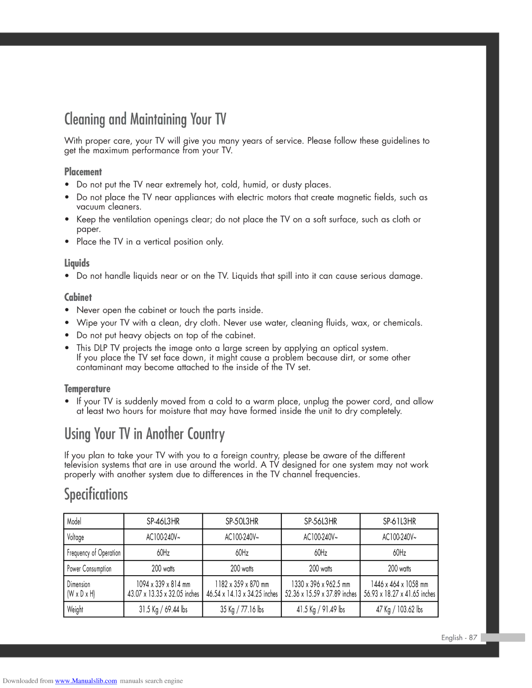 Samsung SP-50L3HR, SP-56L3HR, SP-61L3HR Cleaning and Maintaining Your TV, Using Your TV in Another Country, Specifications 