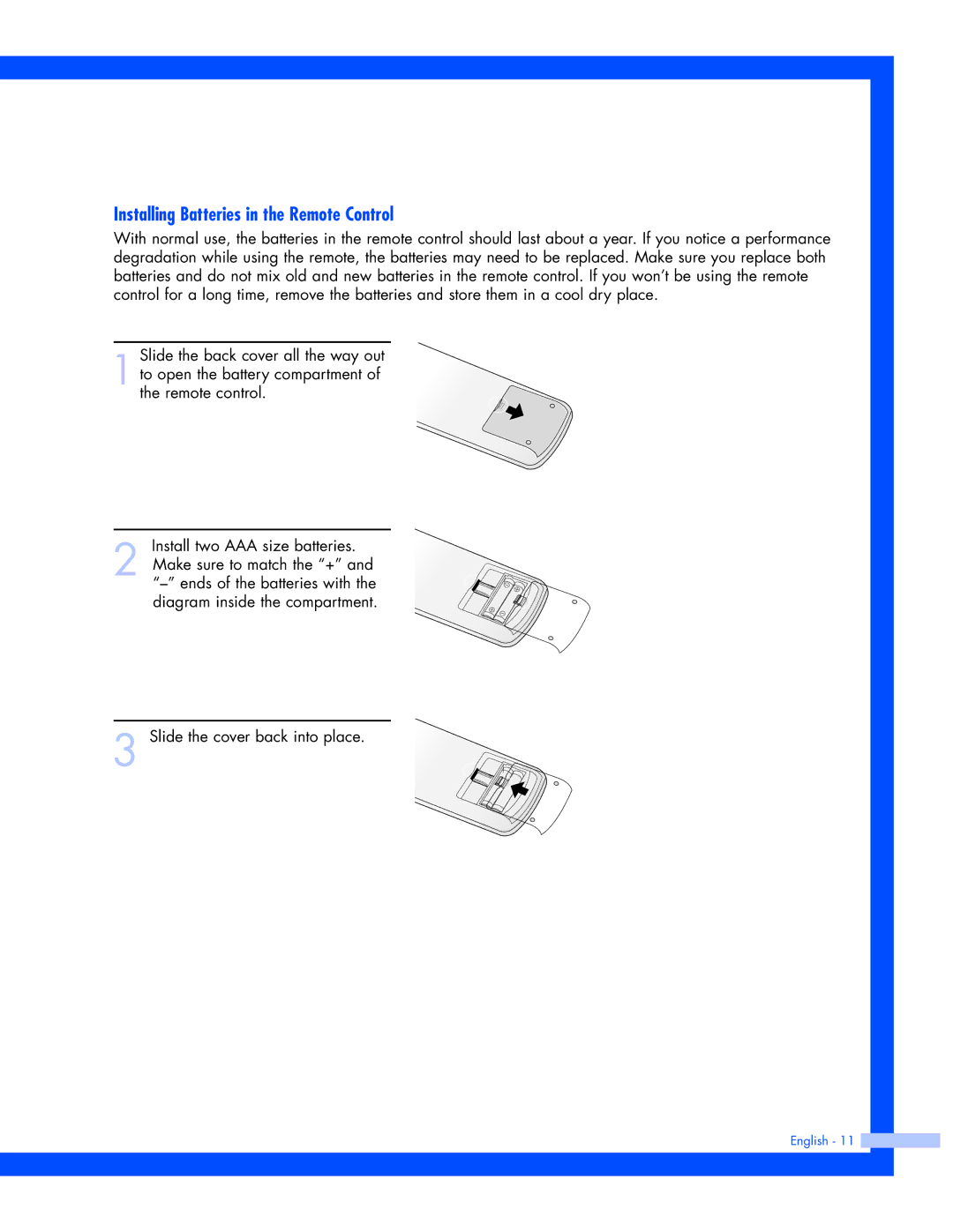 Samsung SP-56L7HR, SP-50L7HR instruction manual Installing Batteries in the Remote Control 