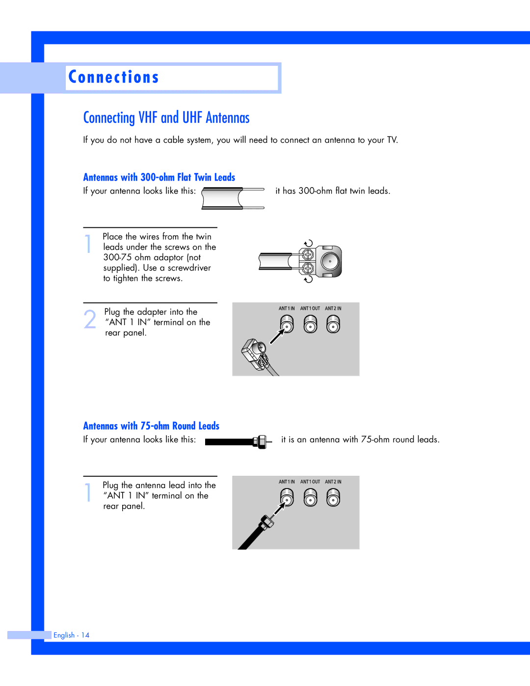 Samsung SP-50L7HR Connecting VHF and UHF Antennas, Antennas with 300-ohm Flat Twin Leads, Antennas with 75-ohm Round Leads 