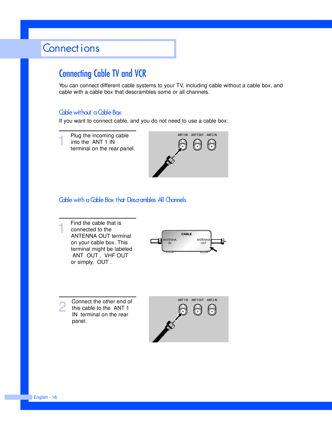 Samsung SP-50L7HR, SP-56L7HR instruction manual Connecting Cable TV and VCR, Cable without a Cable Box 