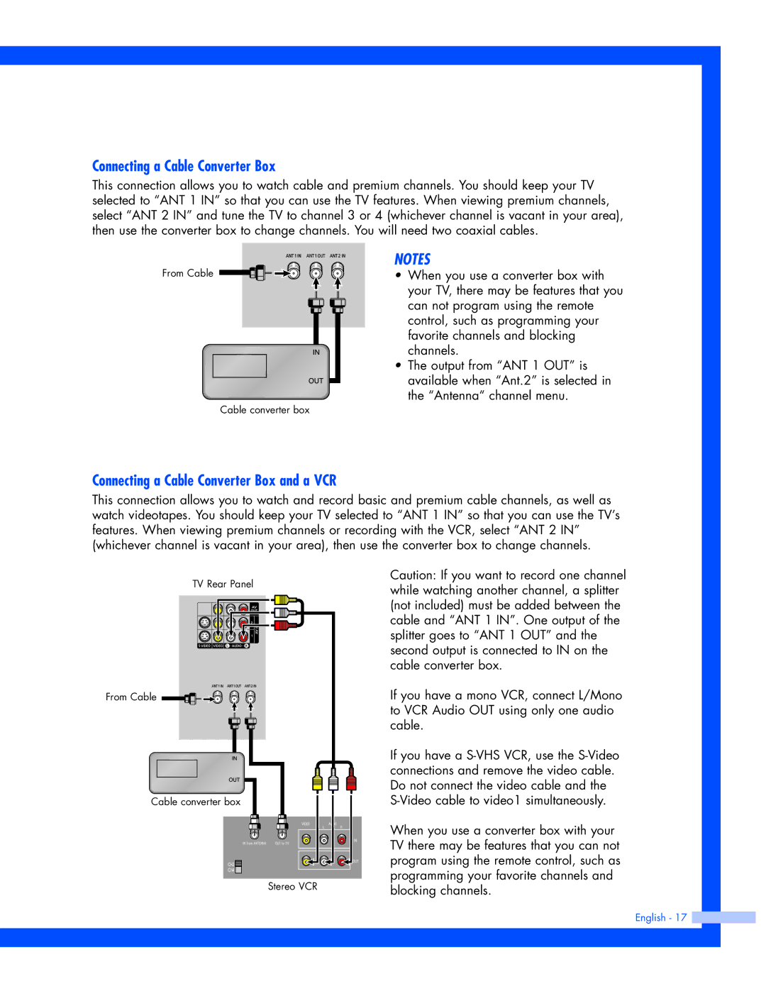 Samsung SP-56L7HR, SP-50L7HR instruction manual Connecting a Cable Converter Box and a VCR 