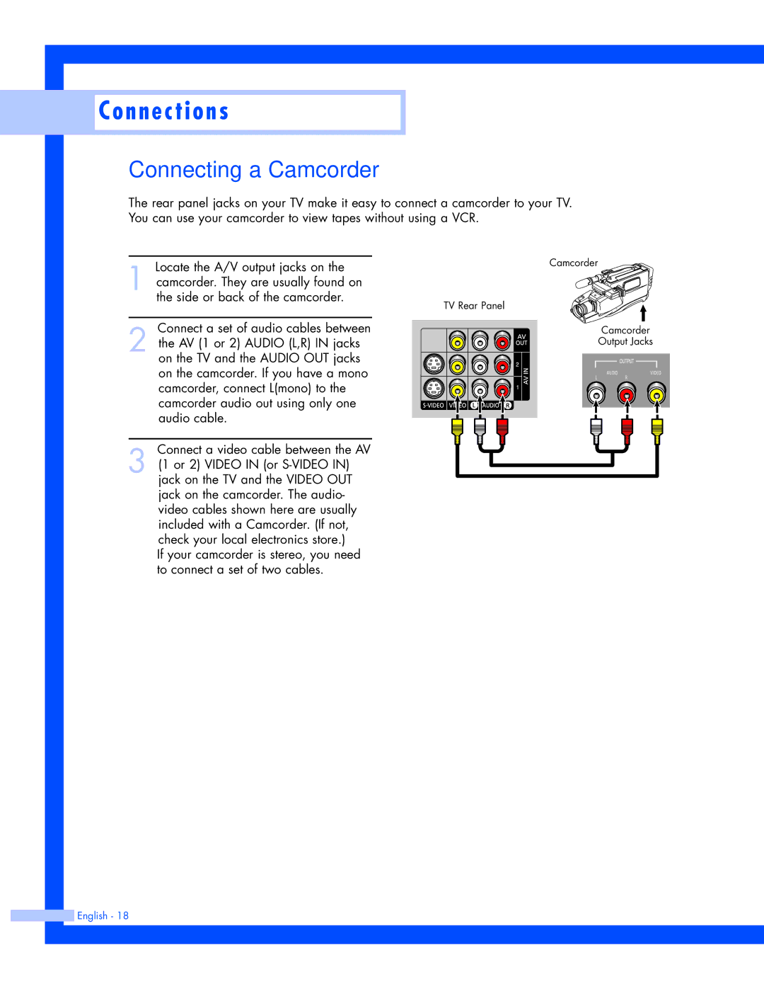 Samsung SP-50L7HR, SP-56L7HR instruction manual Connecting a Camcorder 