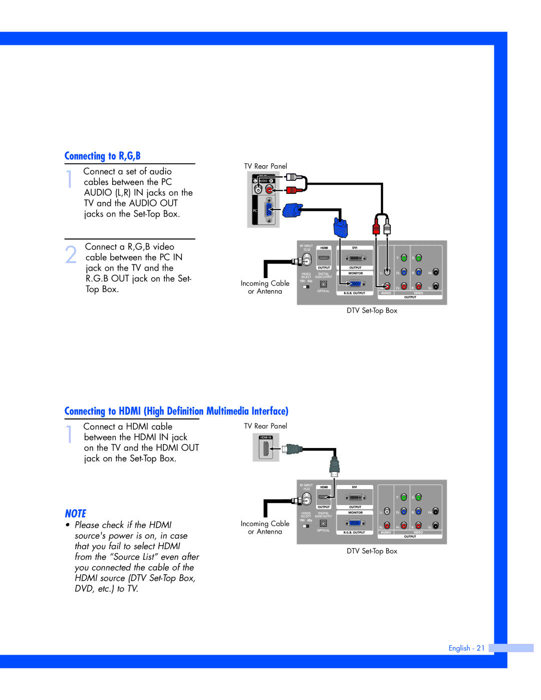 Samsung SP-56L7HR, SP-50L7HR instruction manual Connecting to R,G,B, Connecting to Hdmi High Definition Multimedia Interface 