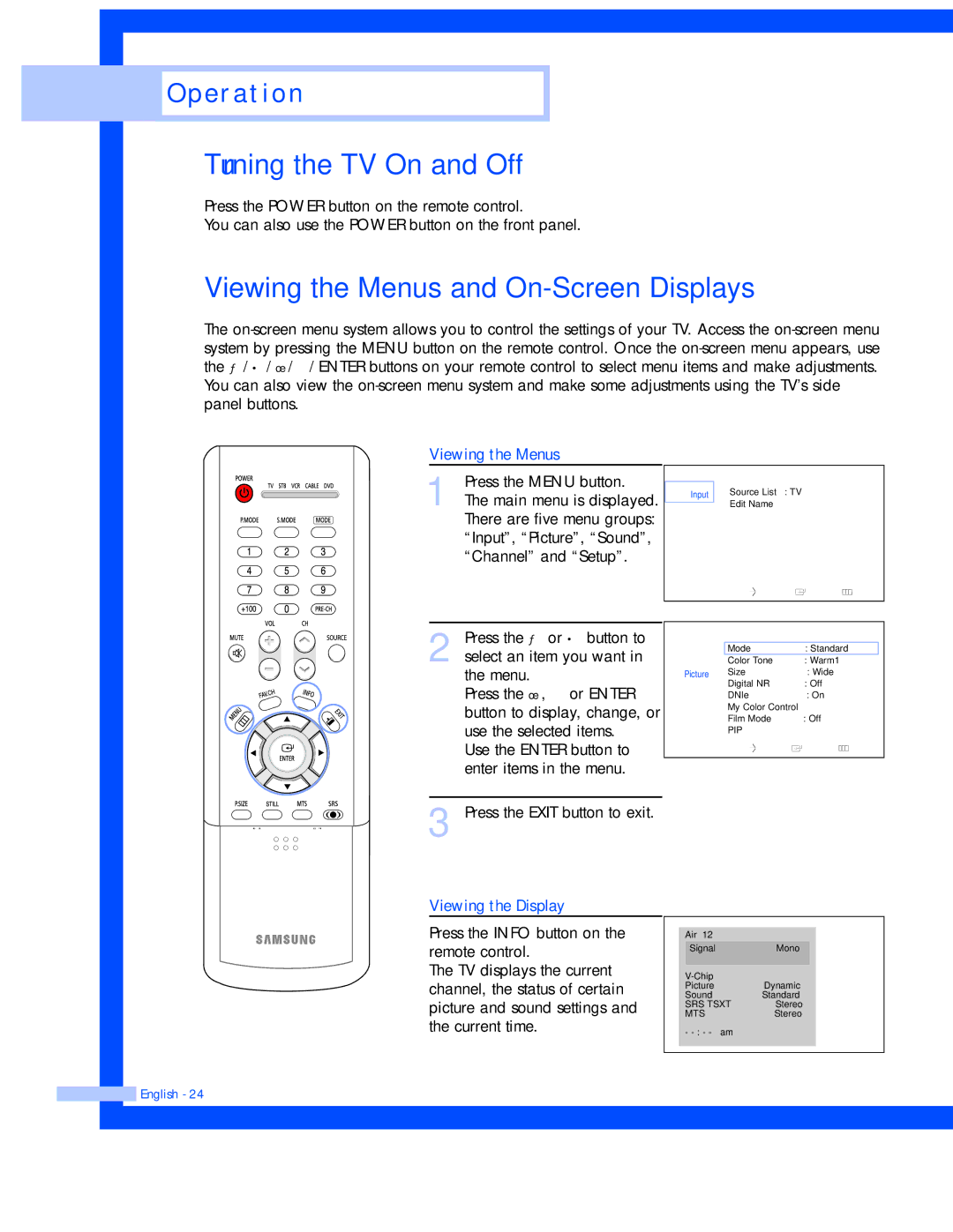 Samsung SP-50L7HR, SP-56L7HR Turning the TV On and Off, Viewing the Menus and On-Screen Displays, Viewing the Display 