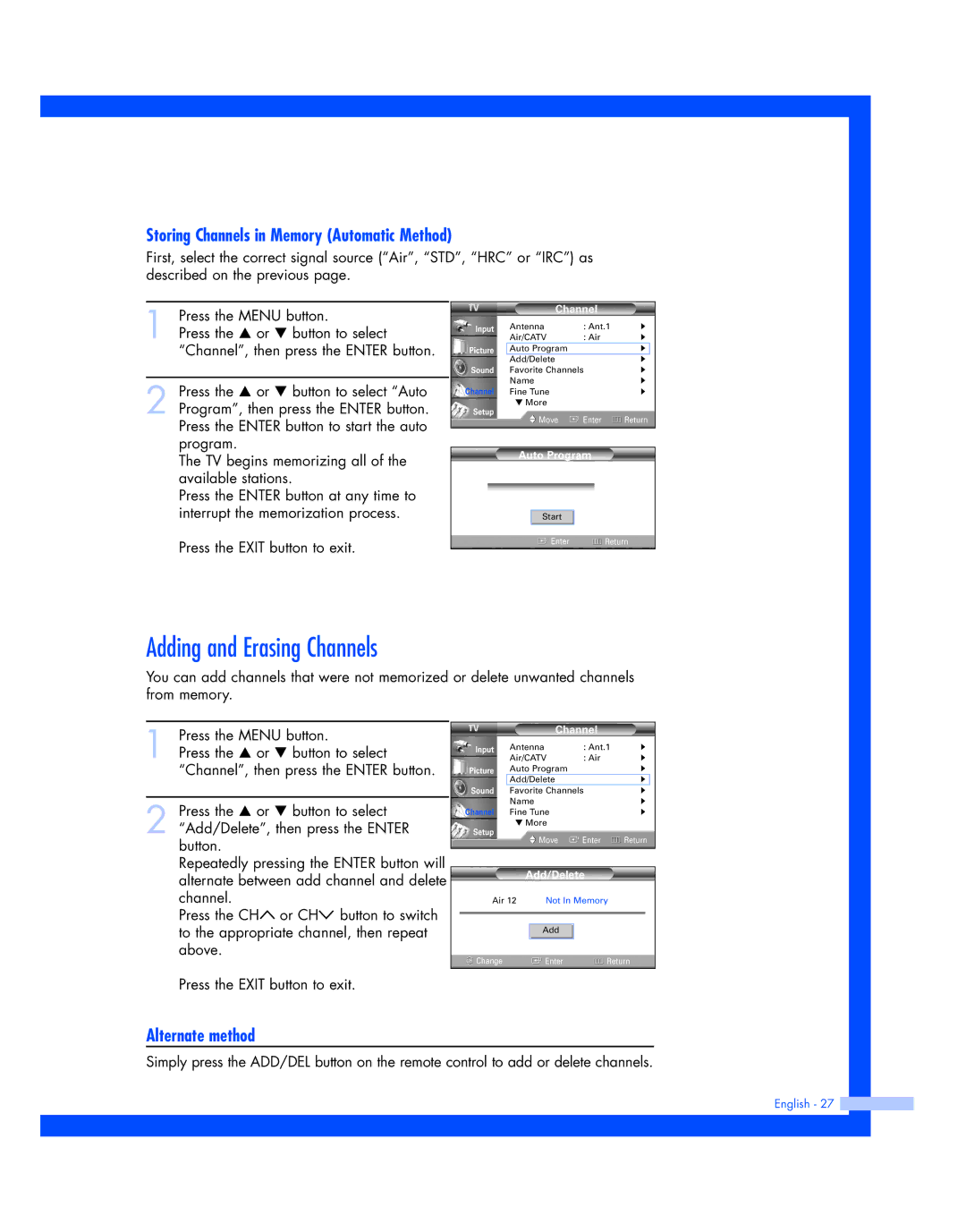 Samsung SP-56L7HR, SP-50L7HR Adding and Erasing Channels, Storing Channels in Memory Automatic Method, Alternate method 