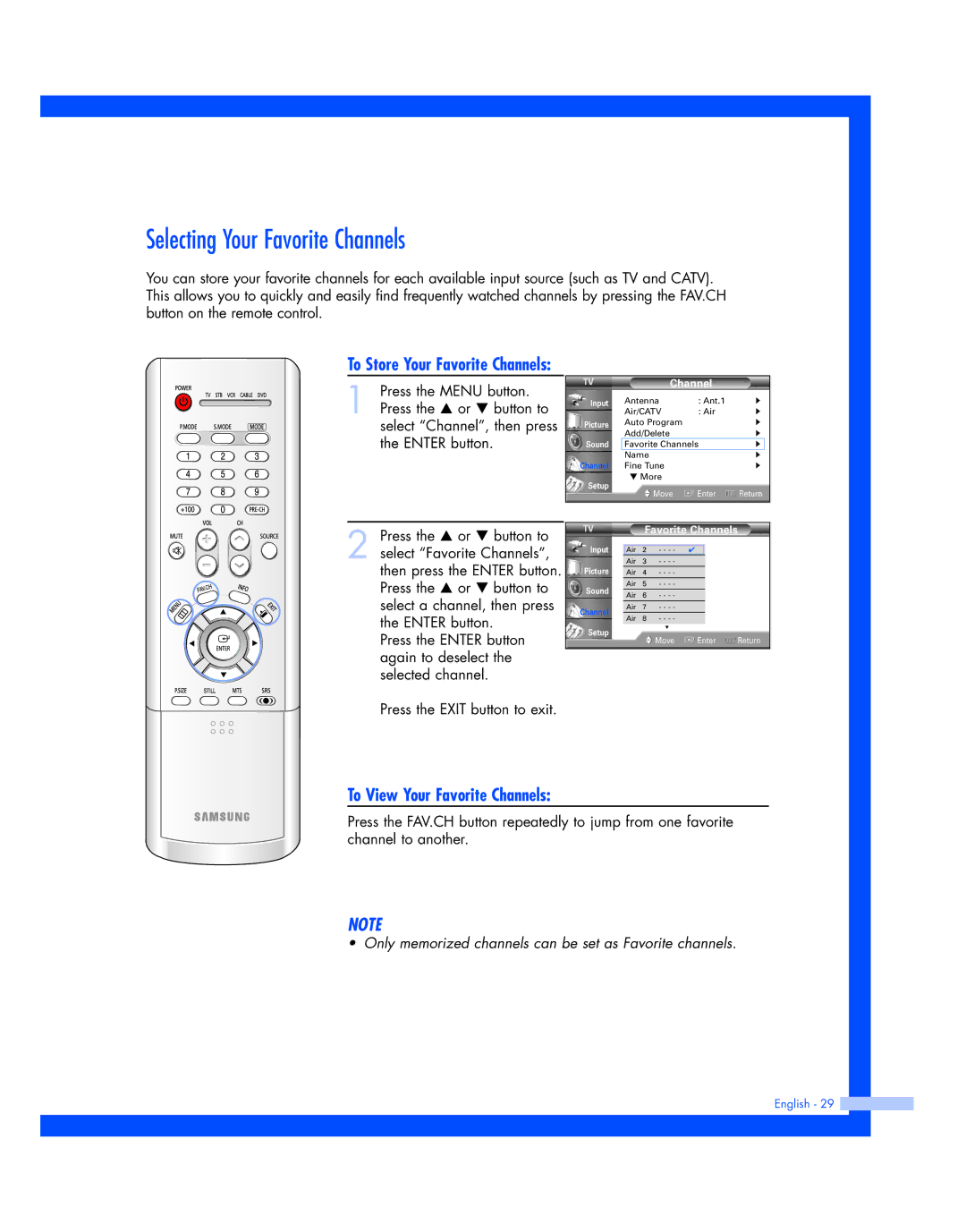 Samsung SP-56L7HR, SP-50L7HR instruction manual Selecting Your Favorite Channels, To View Your Favorite Channels 