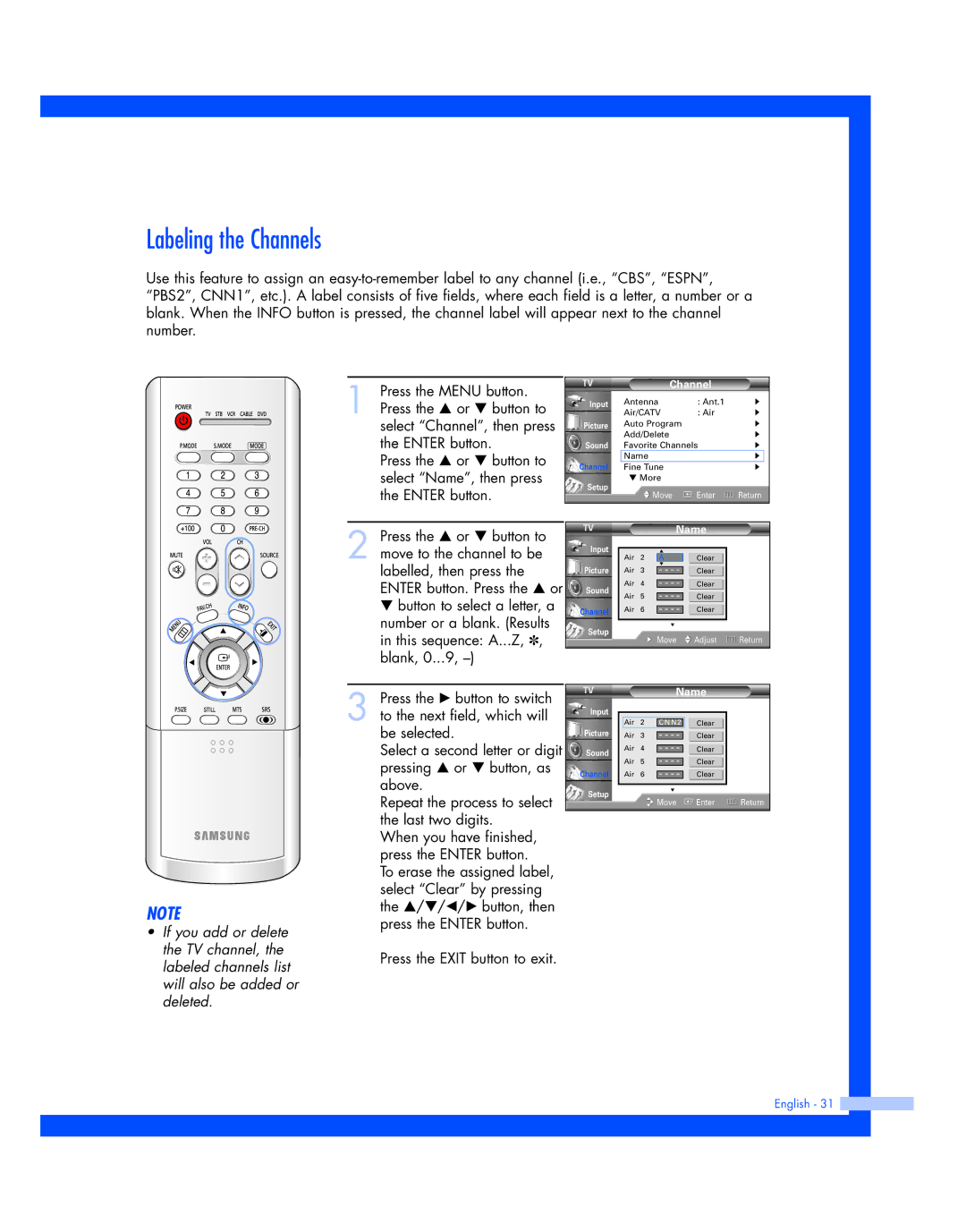 Samsung SP-56L7HR, SP-50L7HR instruction manual Labeling the Channels 