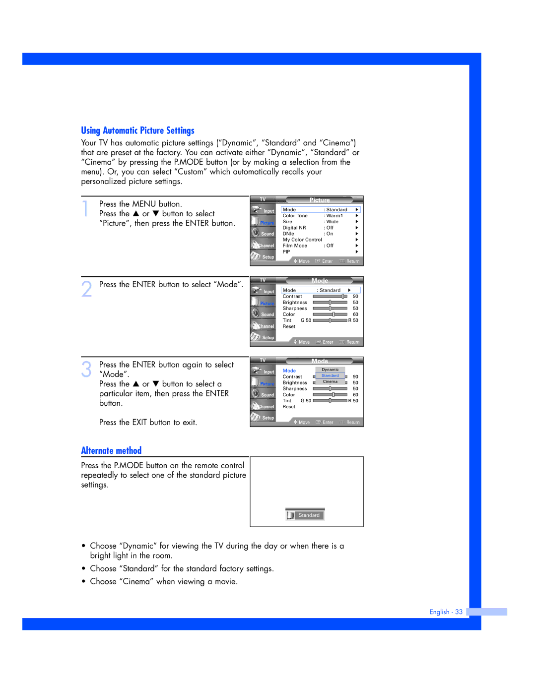 Samsung SP-56L7HR, SP-50L7HR instruction manual Using Automatic Picture Settings, Alternate method 