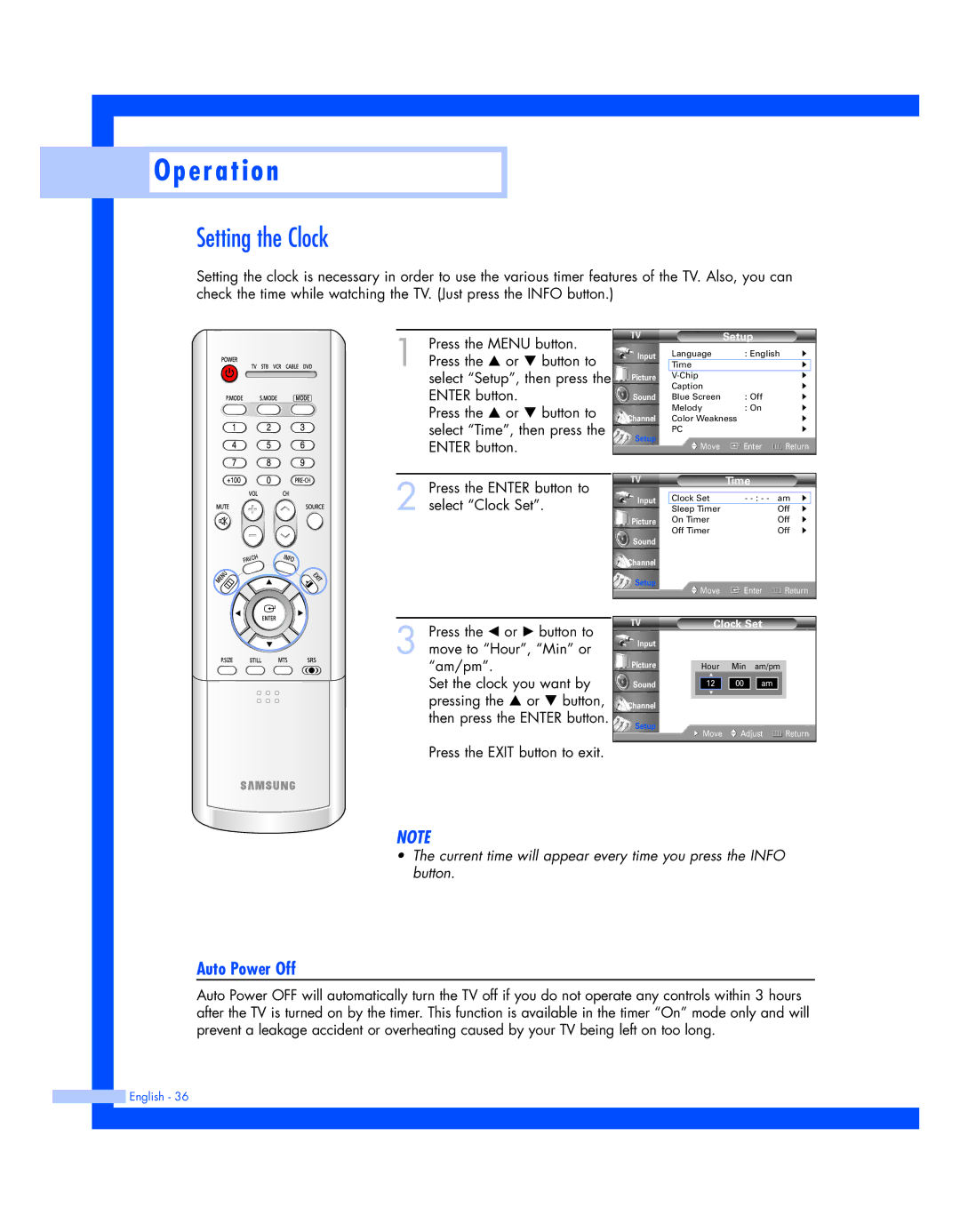 Samsung SP-50L7HR, SP-56L7HR instruction manual Setting the Clock, Auto Power Off 