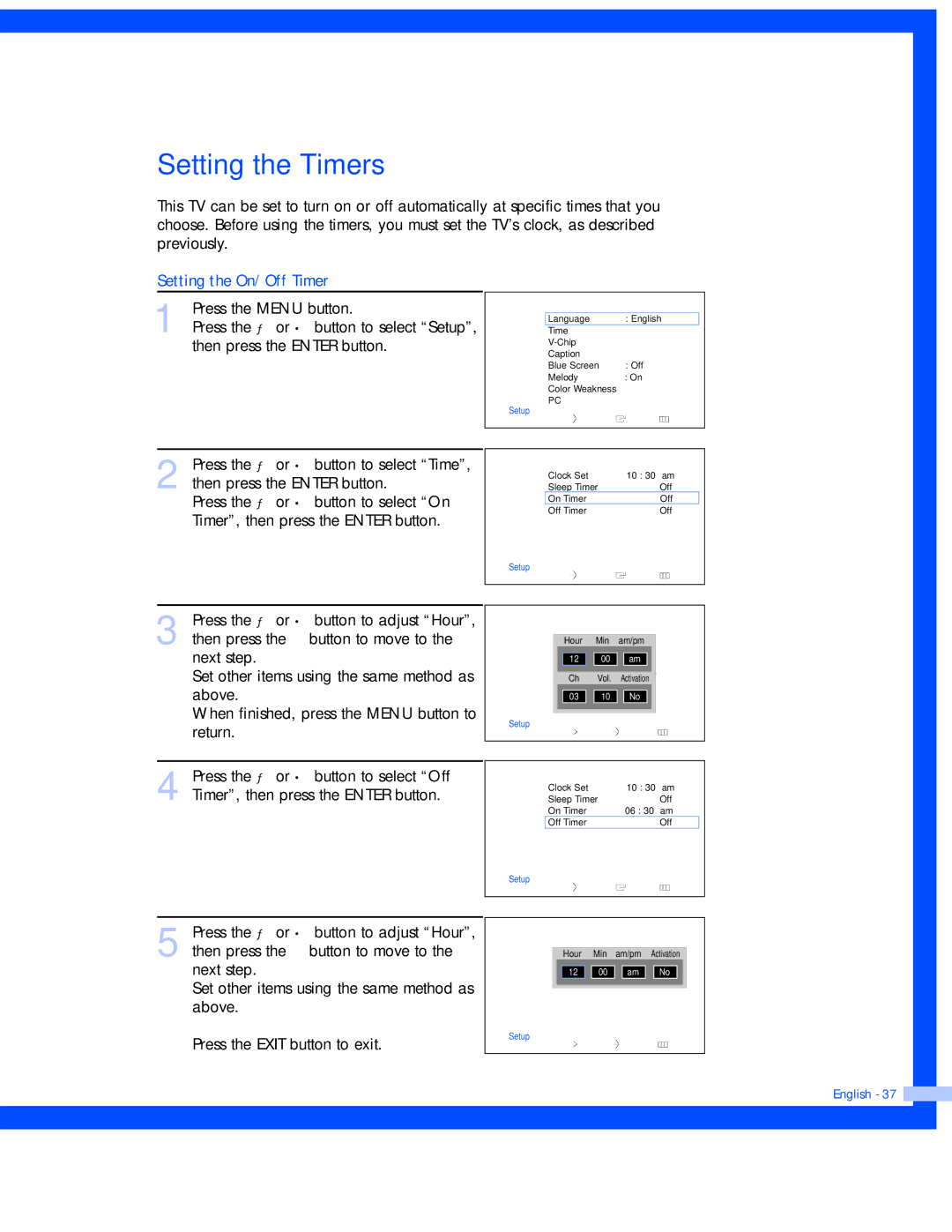 Samsung SP-56L7HR, SP-50L7HR instruction manual Setting the Timers, Setting the On/Off Timer 