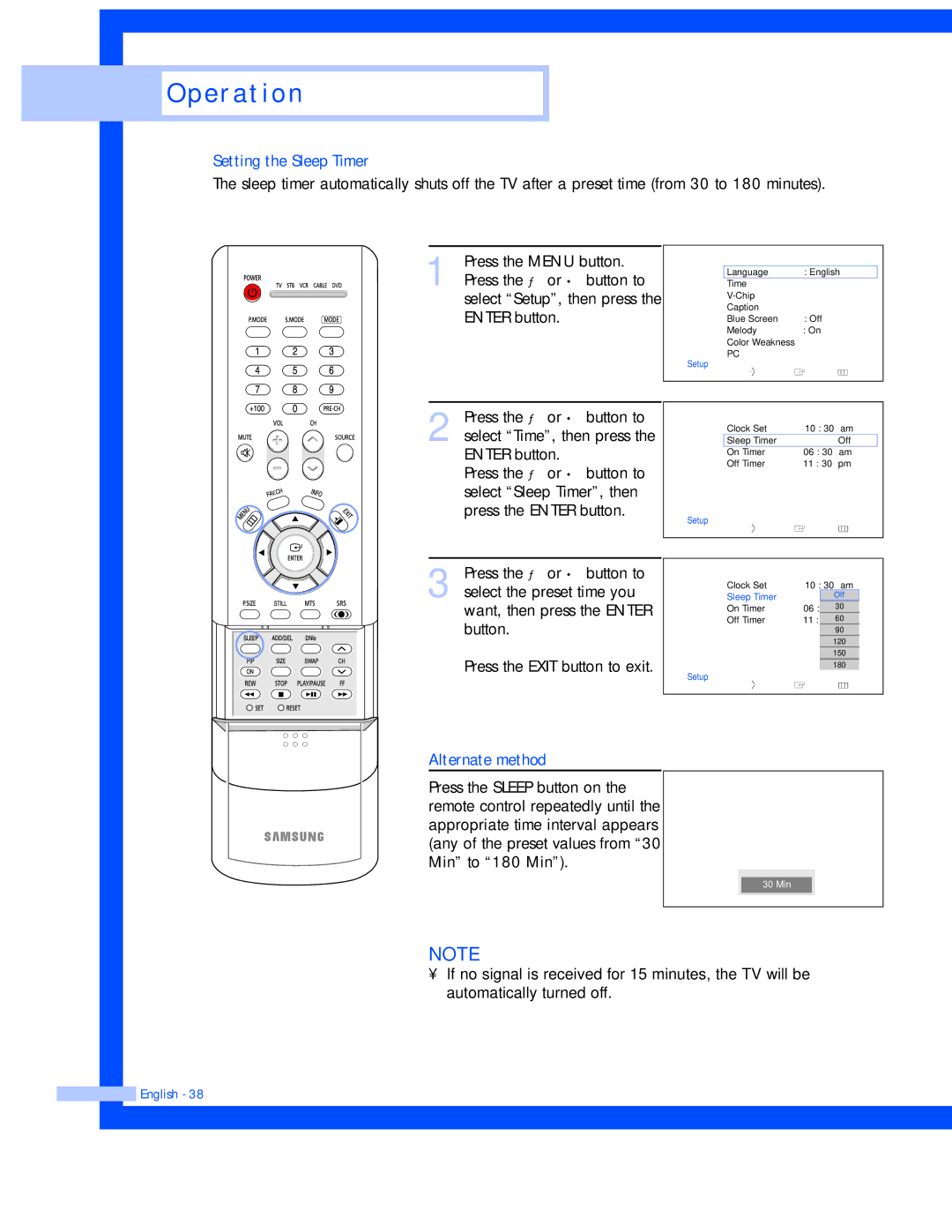 Samsung SP-50L7HR, SP-56L7HR instruction manual Setting the Sleep Timer, Alternate method 