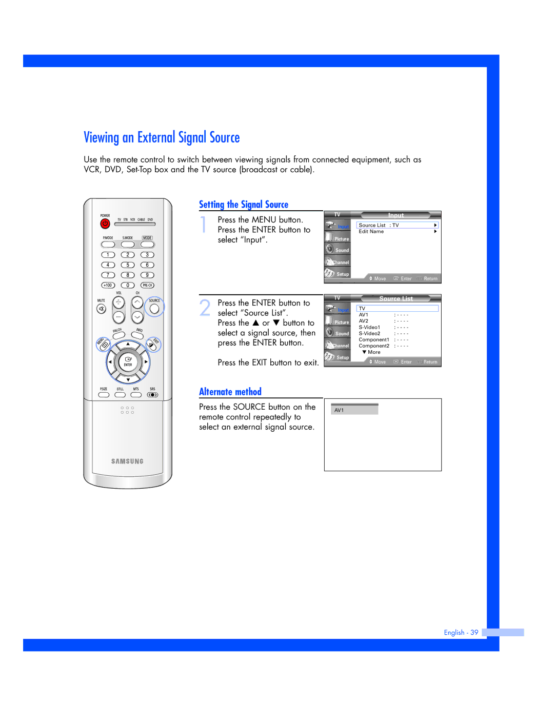 Samsung SP-56L7HR, SP-50L7HR instruction manual Viewing an External Signal Source, Setting the Signal Source 