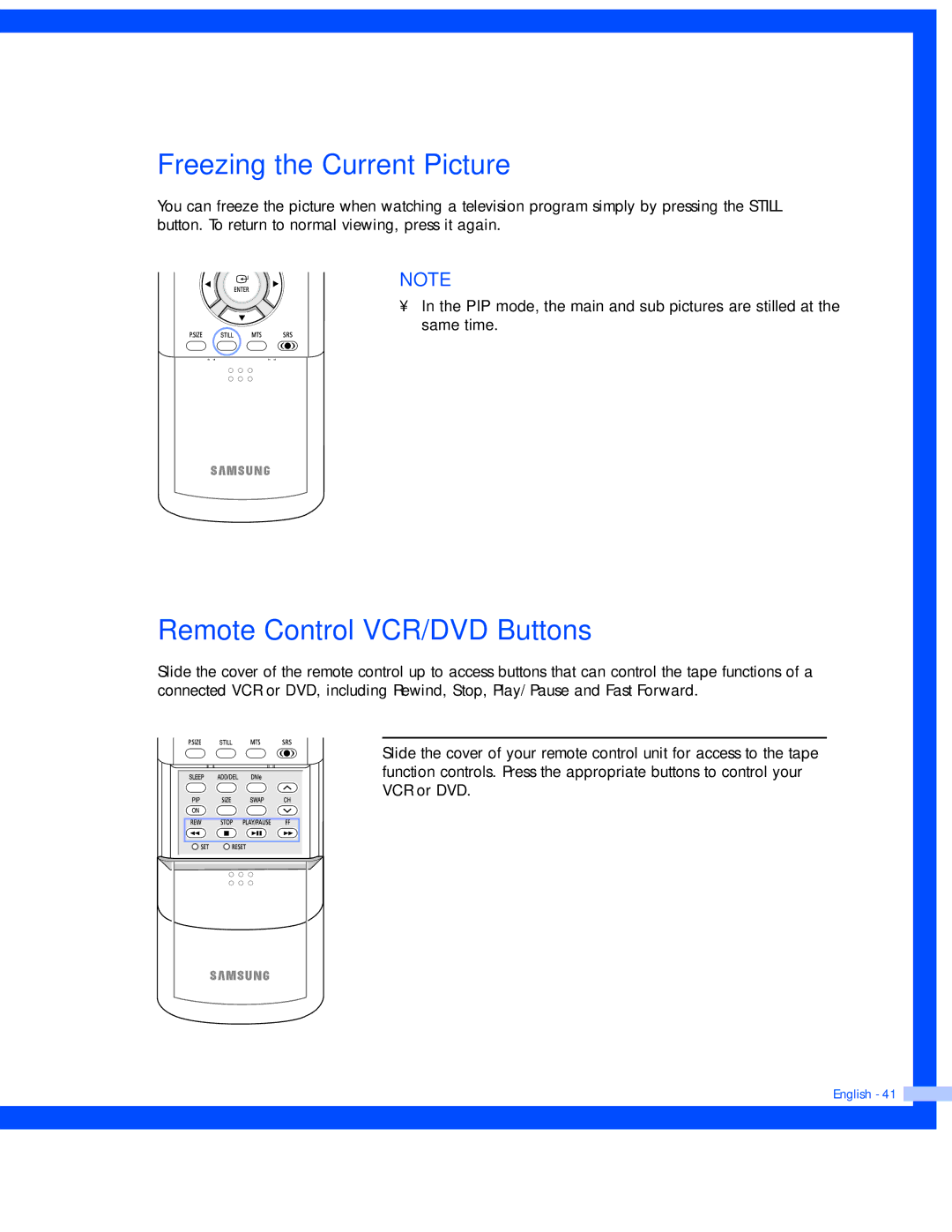 Samsung SP-56L7HR, SP-50L7HR instruction manual Freezing the Current Picture, Remote Control VCR/DVD Buttons 