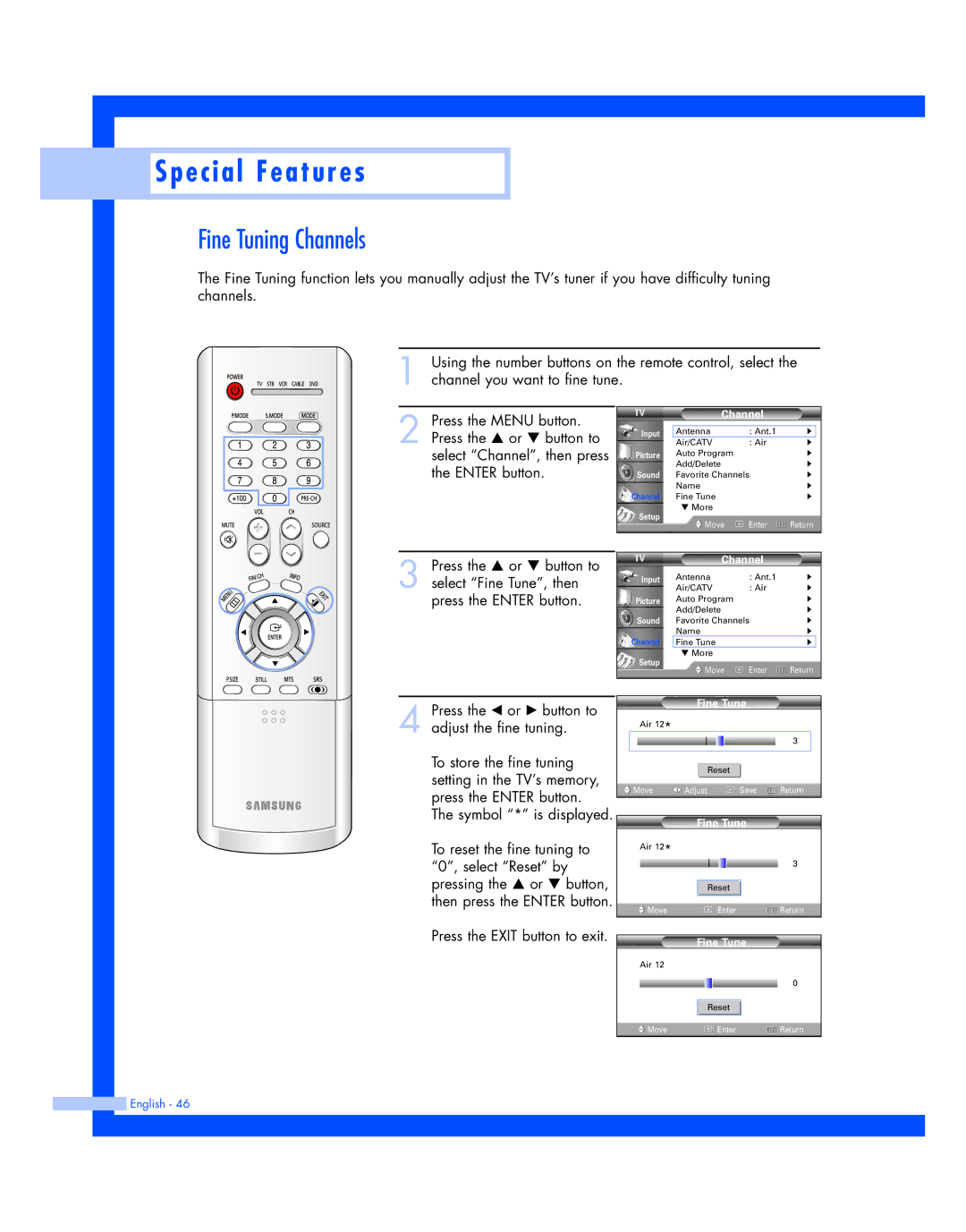 Samsung SP-50L7HR, SP-56L7HR instruction manual Fine Tuning Channels, Symbol * is displayed 