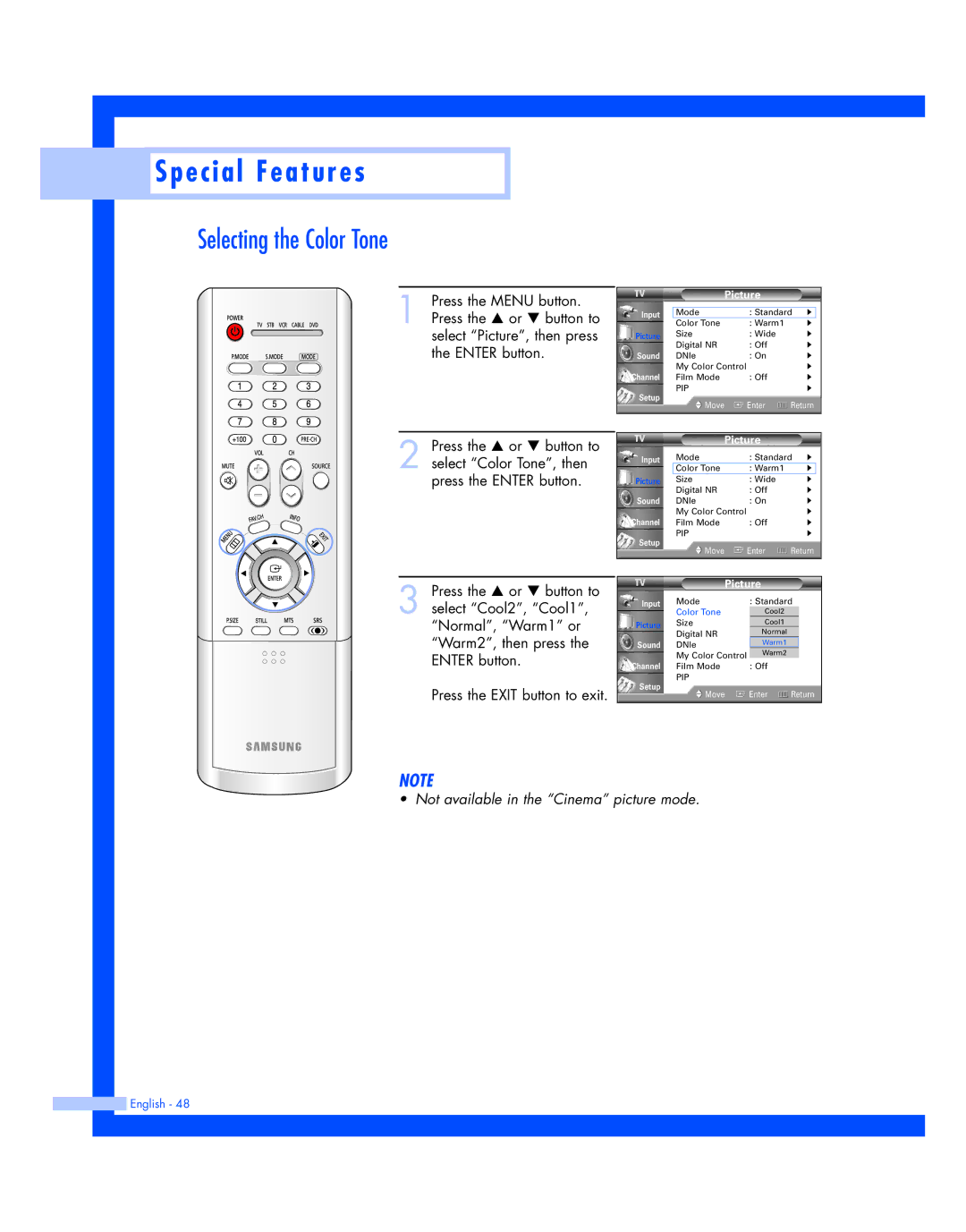 Samsung SP-50L7HR, SP-56L7HR instruction manual Selecting the Color Tone 