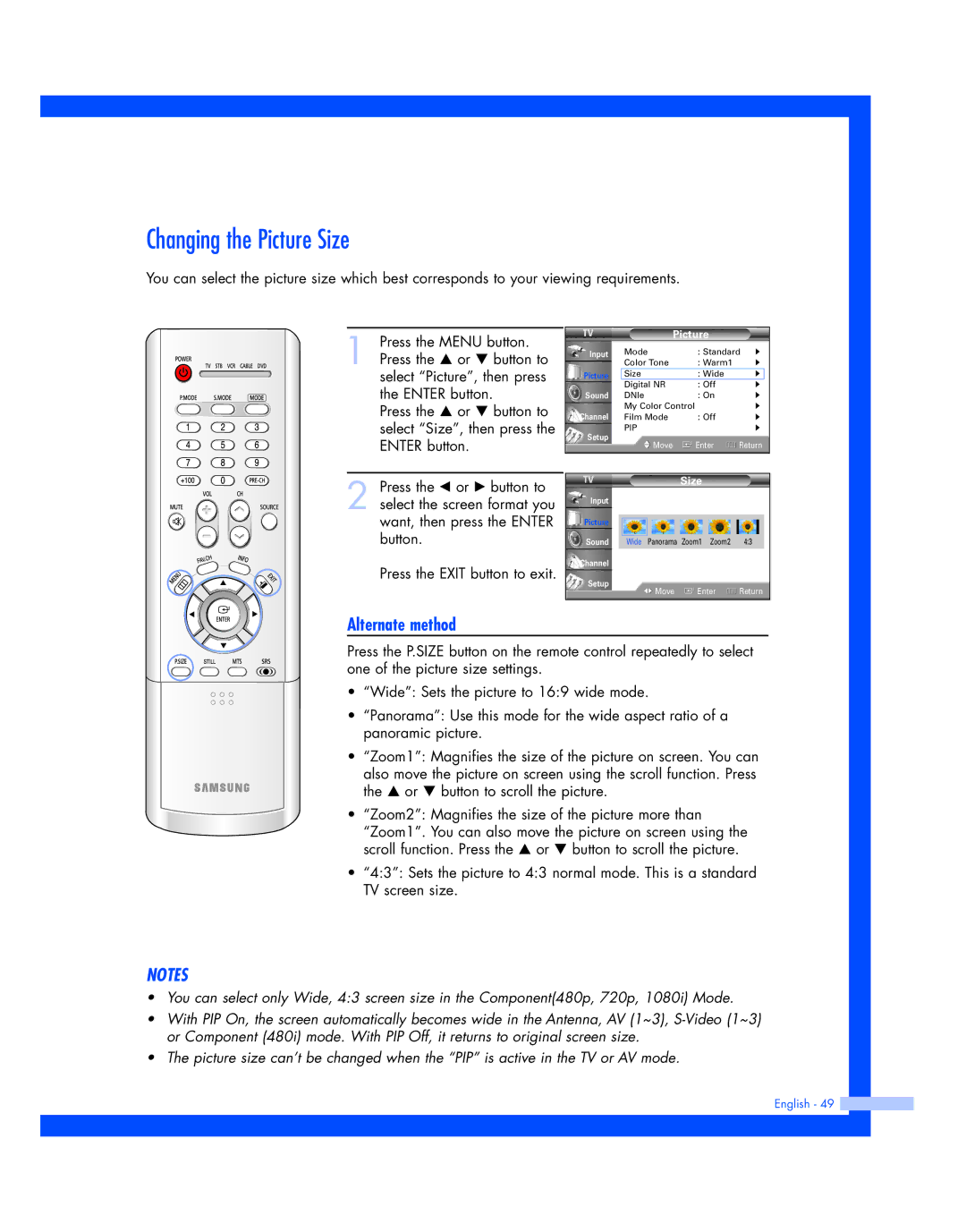 Samsung SP-56L7HR, SP-50L7HR instruction manual Changing the Picture Size, Alternate method 