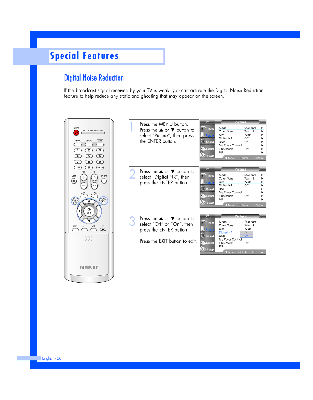 Samsung SP-50L7HR, SP-56L7HR instruction manual Digital Noise Reduction 