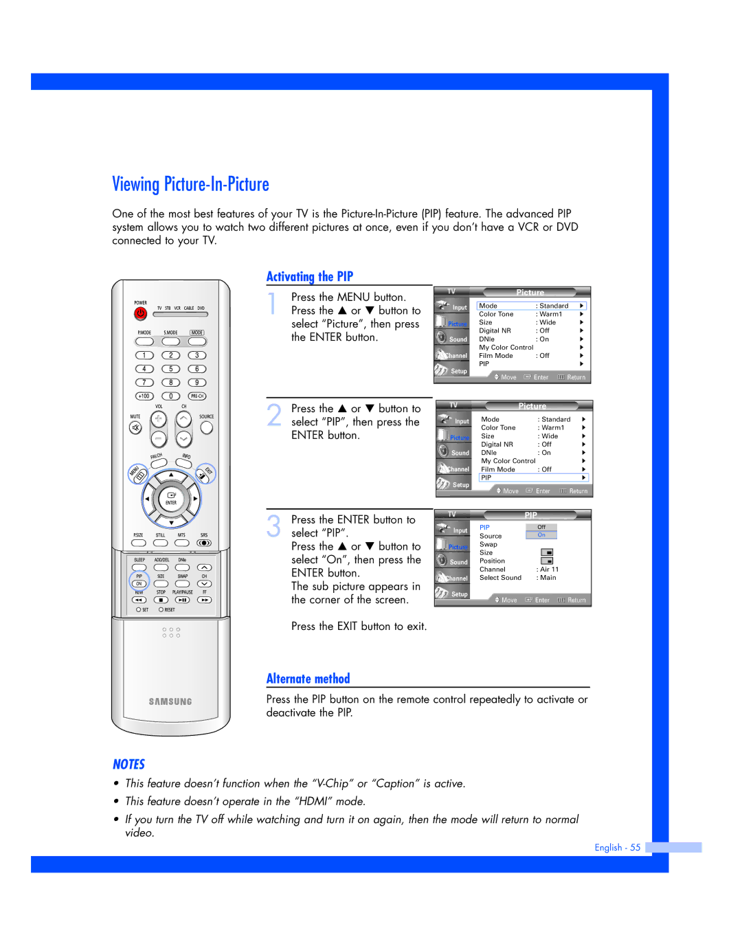 Samsung SP-56L7HR, SP-50L7HR instruction manual Viewing Picture-In-Picture, Activating the PIP 