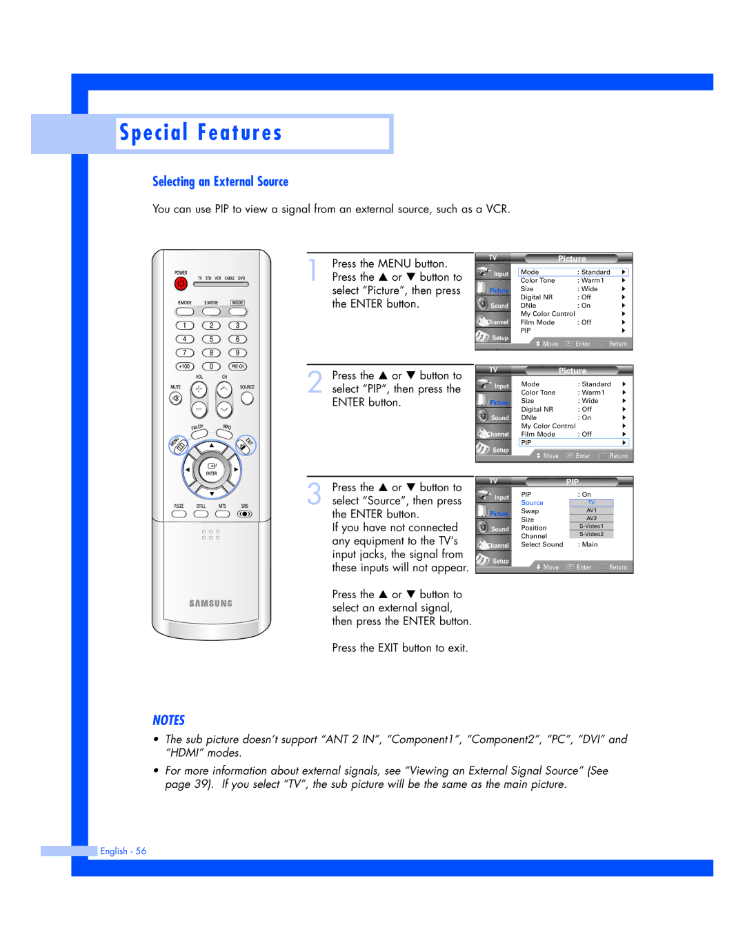 Samsung SP-50L7HR, SP-56L7HR instruction manual Selecting an External Source 