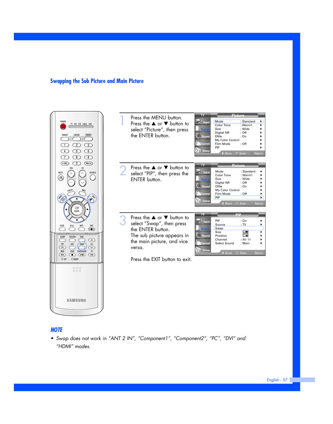 Samsung SP-56L7HR, SP-50L7HR instruction manual Swapping the Sub Picture and Main Picture 