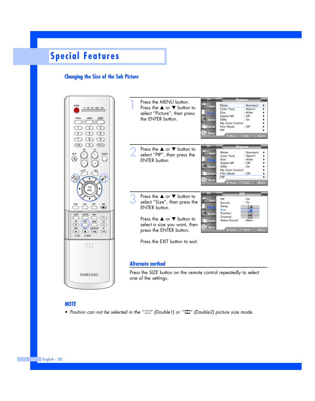 Samsung SP-50L7HR, SP-56L7HR instruction manual Changing the Size of the Sub Picture, Alternate method 