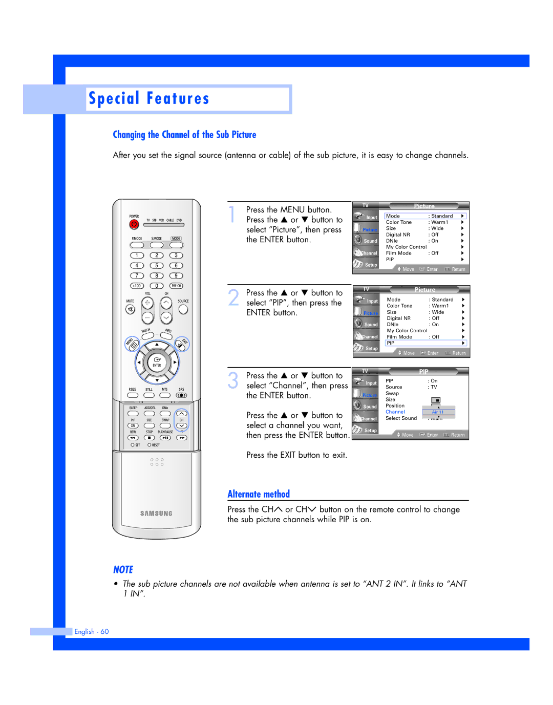 Samsung SP-50L7HR, SP-56L7HR instruction manual Changing the Channel of the Sub Picture 