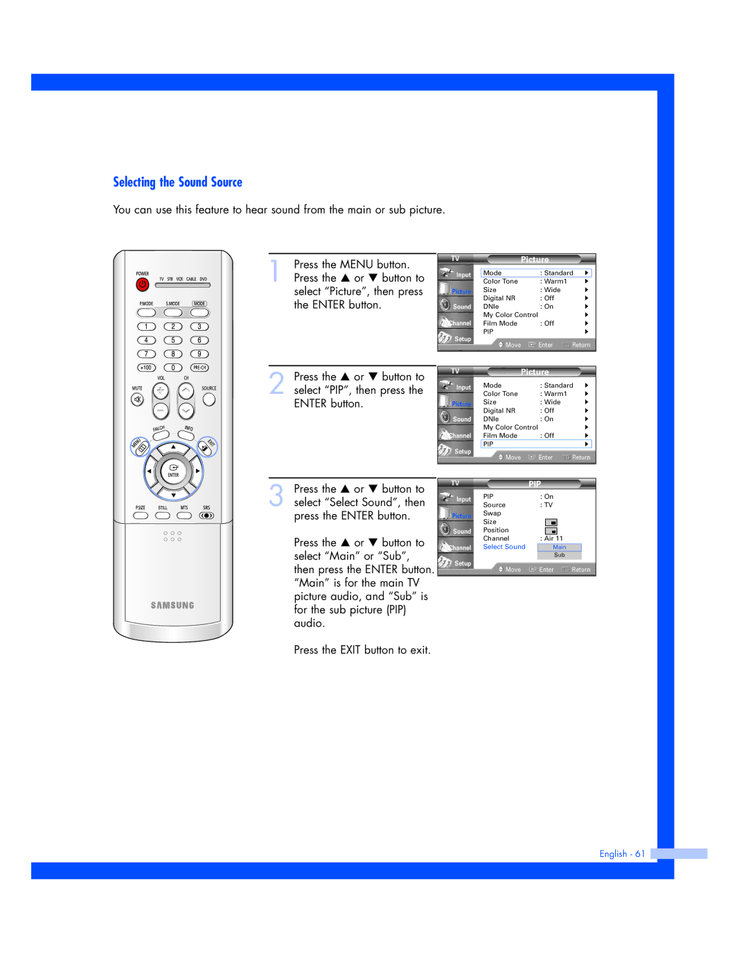 Samsung SP-56L7HR, SP-50L7HR instruction manual Selecting the Sound Source 