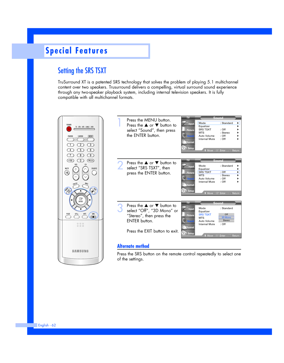 Samsung SP-50L7HR, SP-56L7HR instruction manual Setting the SRS Tsxt 